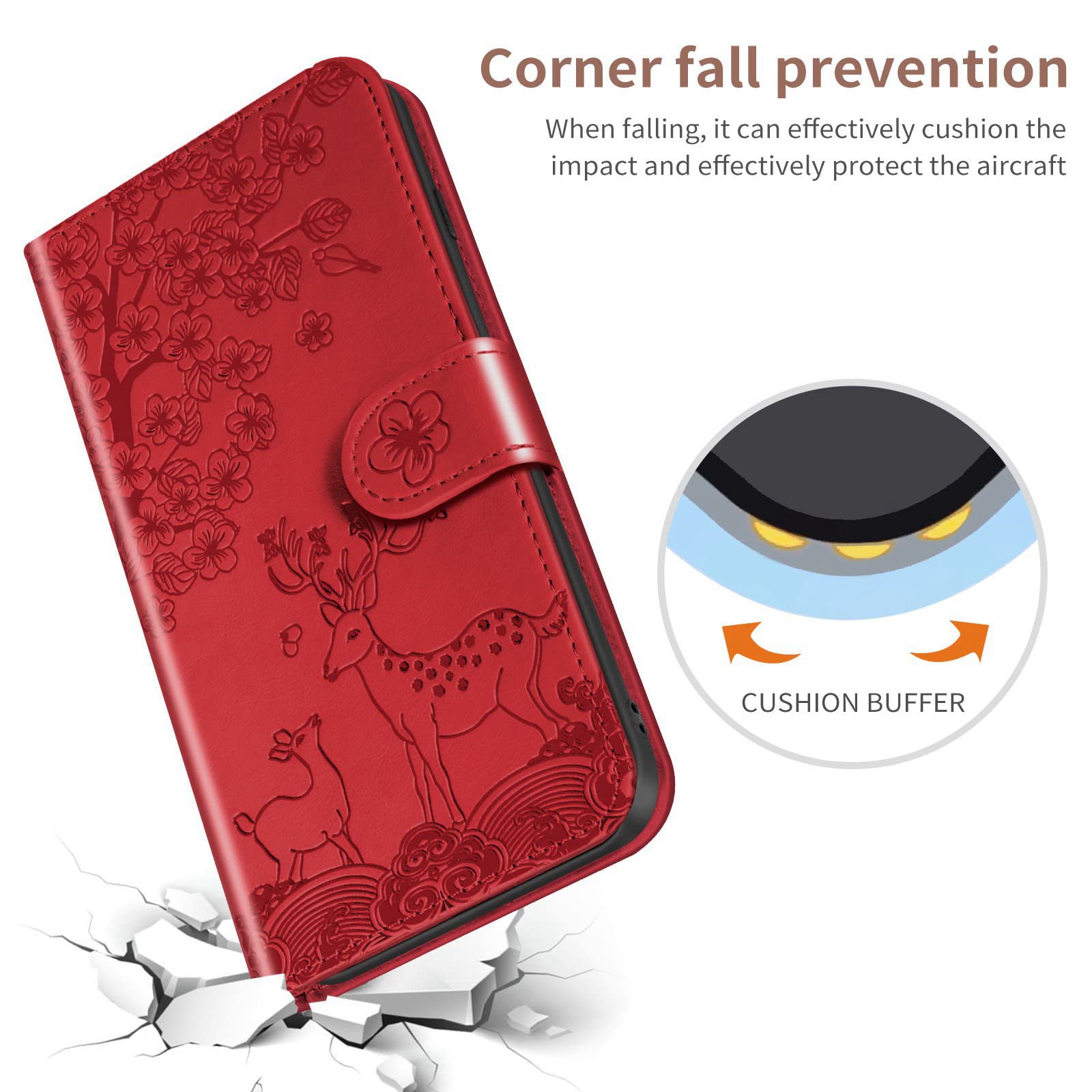 Etui do Samsung Galaxy S22/S22 Plus/S22 Ultra, wytłaczany jeleń skóra PU, portfel etui z przegródkami na karty podpórka, magnetyczne etui na telefon z klapką, czerwone, S22 Plus 6,7"