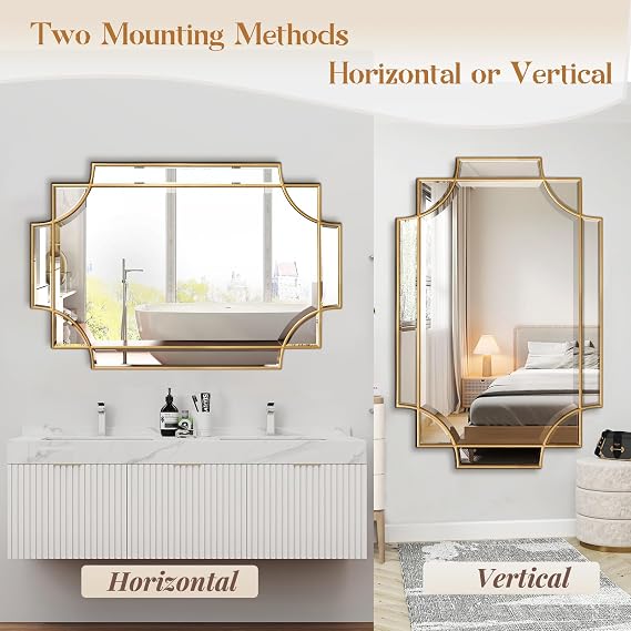 Gold Mirror for Wall, 32x48 Large Decorative Mirrors for Wall Decor, Polished Bevelled Full Length Long Mirror for Living Room, Bathroom, Bedroom, Entryway