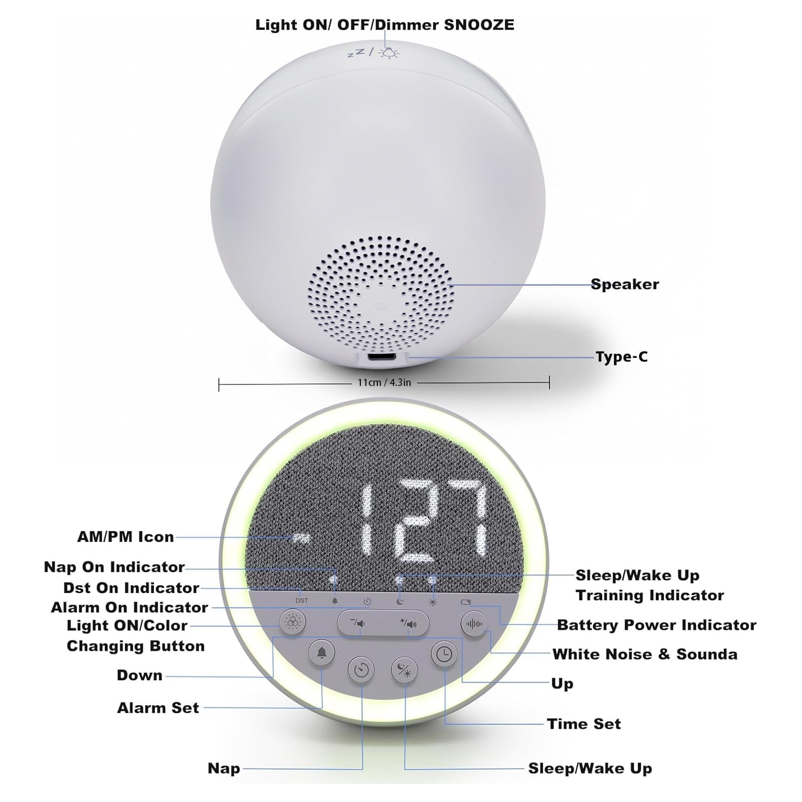 Gemmac White Noise Sound Machine Nachtlicht Wecker Einschlafhilfe Erwachsene LED Nachtlicht Wecker Digital mit Timer, USB Weißes Rauschen Sleep Besser Schlafen Alarm Clock Büro Reise Schlafzimmer