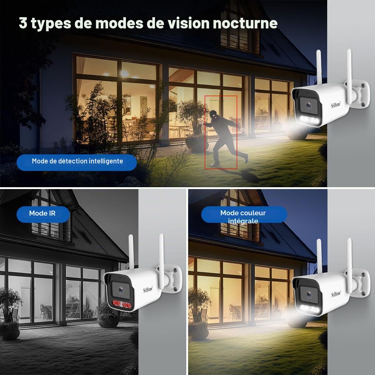 Caméra de Surveillance Vidéo Extérieure, Sricam Caméra de Sécurité WiFi, Imperméable, Vision Nocturne, Détection de Movement, Support MicroSD jusqu'à 128GB, Compatible avec iOS et Android Windows PC