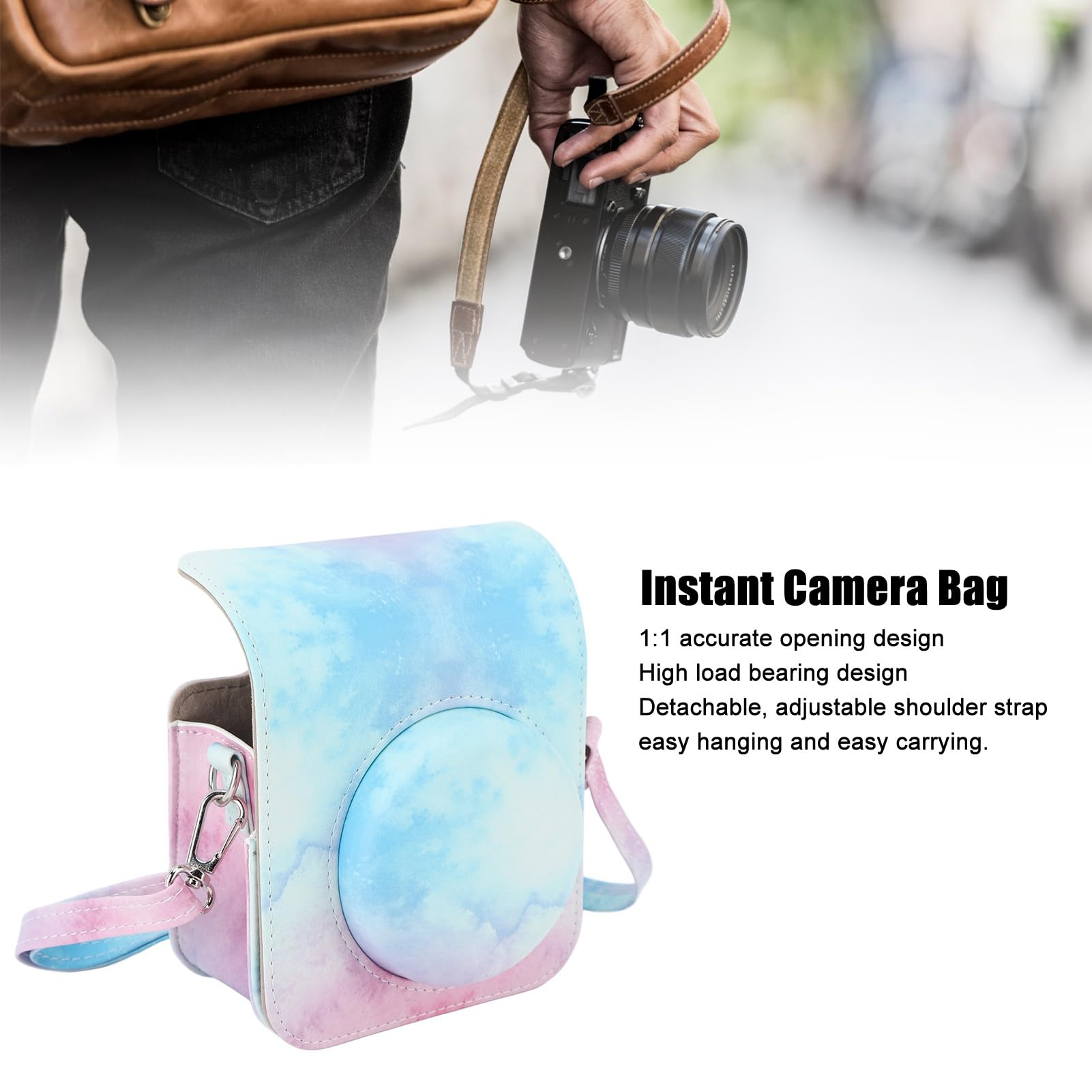 Mini Torba Ochronna na Aparat Natychmiastowy PU futerał na Aparat z Regulowanym Paskiem na ramię do Aparatu Instax Mini 12 (niebieski różowy)