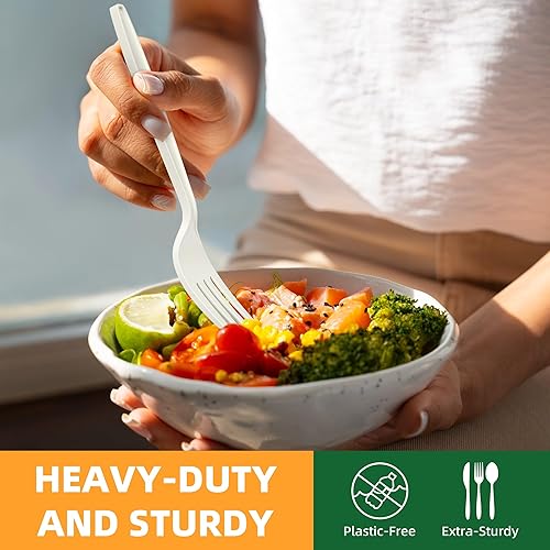 Miniatura 5 de FEHHTO Juego de cubiertos 100% compostables, 150 piezas (50 tenedores, 50 cucharas, 50 cuchillos) cucharas desechables, tenedores resistentes,