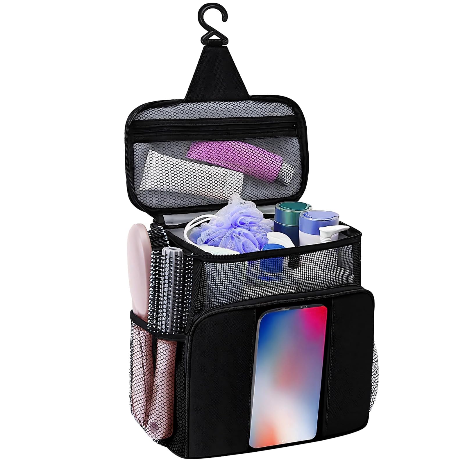 Shower Caddy for Dorm Portable Hanging Shower Bag with Metal Hook Oxford Cloth Quick Dry Mesh Organizer for