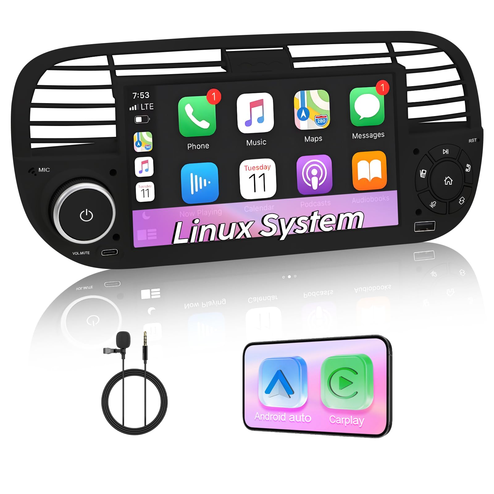 Autoradio con Sistema Linux e schermo IPS da 7 pollici, compatibile con Fiat 500 (2007-2015)| CarPlay & Android Auto wireless integrati | Supporta AM/FM/RDS | DSP/USB/Bluetooth/Microfono nero