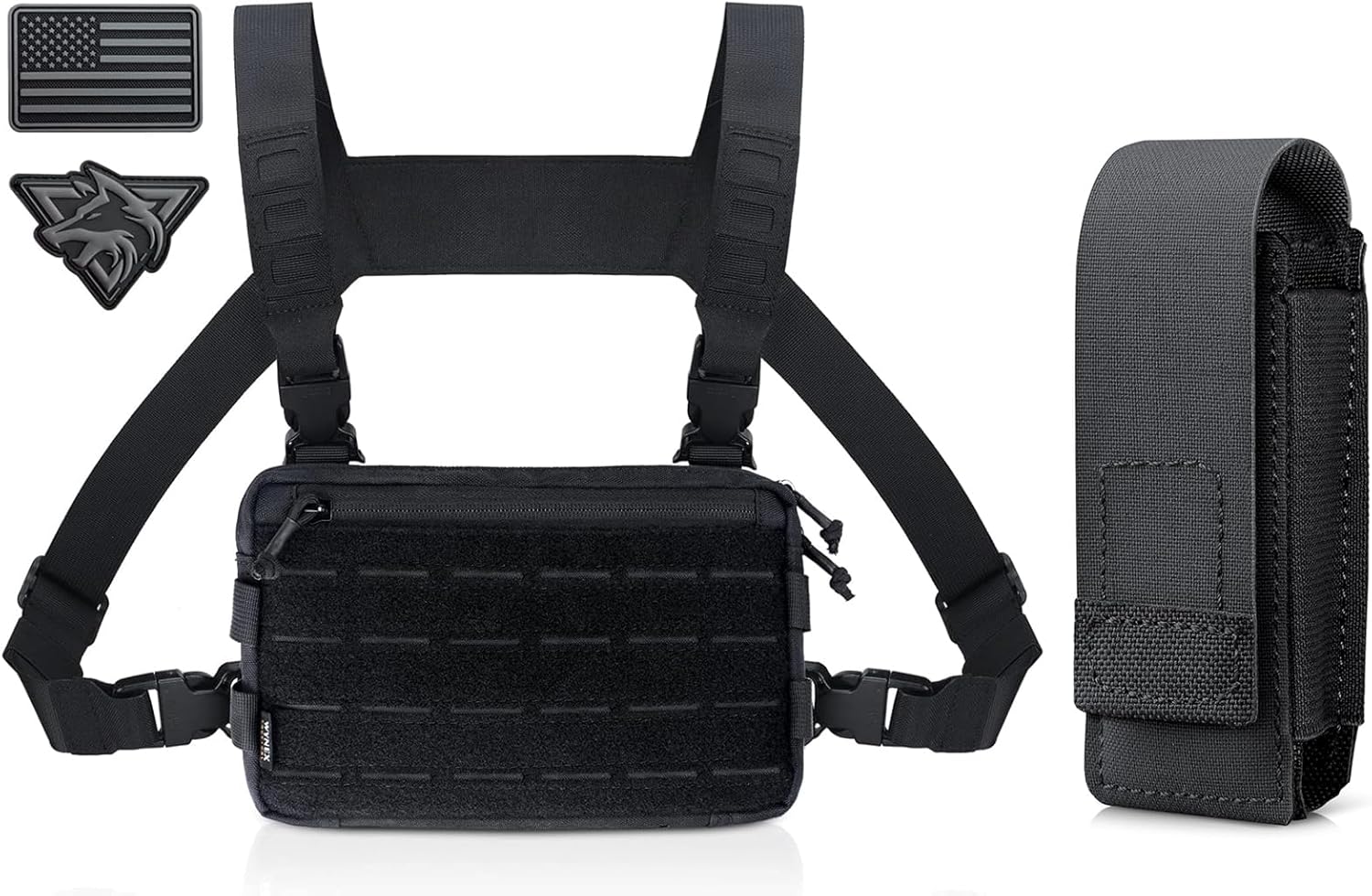 WYNEX Tactical Chest Rig Pack for Men, Running Chest Bag with Front Loop Airsoft Recon Chest Rigs for Hunting Outdoor EDC, WYNEX OC Pepper Spray Holster Pouch, Small MOLLE Flashlight Holder Tactical