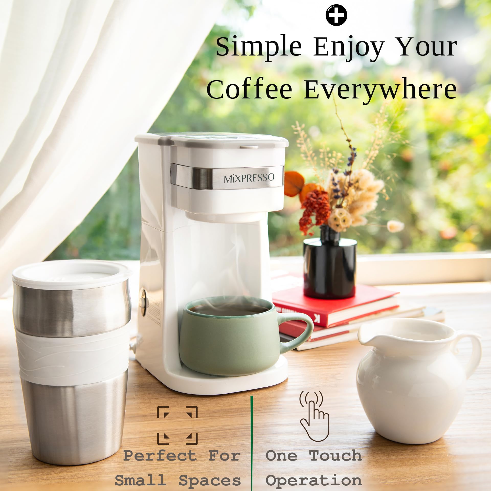 Mixpresso Cafetera personal blanca de una sola porción con taza de viaje de 14 onzas, cafetera pequeña de goteo con apagado automático, filtro reutilizable, funciona solo con café molido, no para