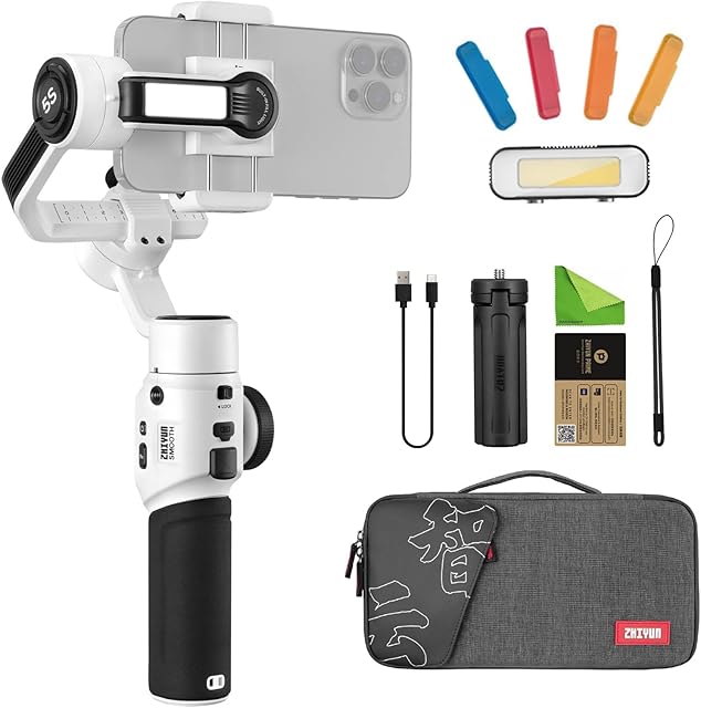 Zhiyun Smooth 5S Combo White 3-Axis Gimbal Stabilizer for Smartphone iPhone,with Magnetic Fill Light,Carrying Bag (Smooth 5 Upgrade)