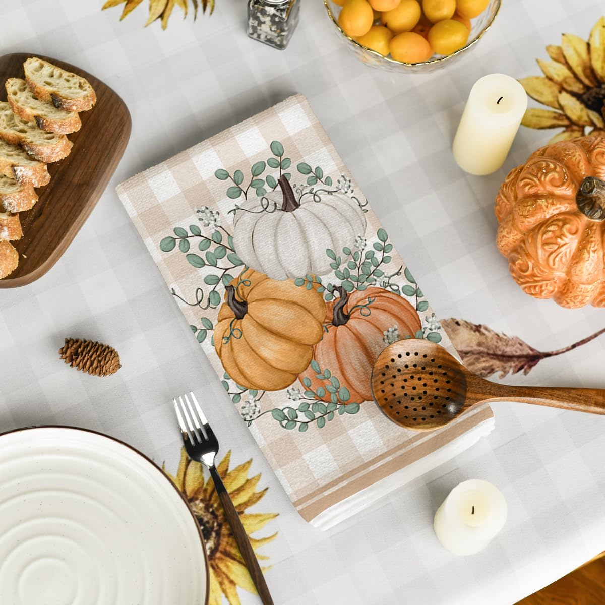 Artoid Mode Orange Eucalyptus Leaves Hello Pumpkin Fall Kitchen Towels Dish Towels, 18x26 Inch Farmhouse Give Thanks Decoration Hand Towels Set of 4 - Image 4