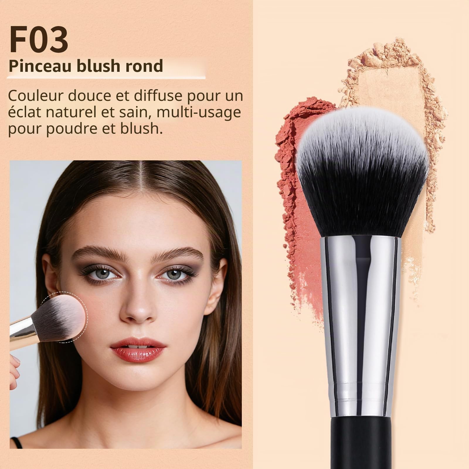 DUcare Lot de 3 pinceaux de maquillage pour le visage - Fond de teint, correcteur, blush - Poils doux et denses - Pour estomper la crème liquide, le polissage, l'anti-cernes