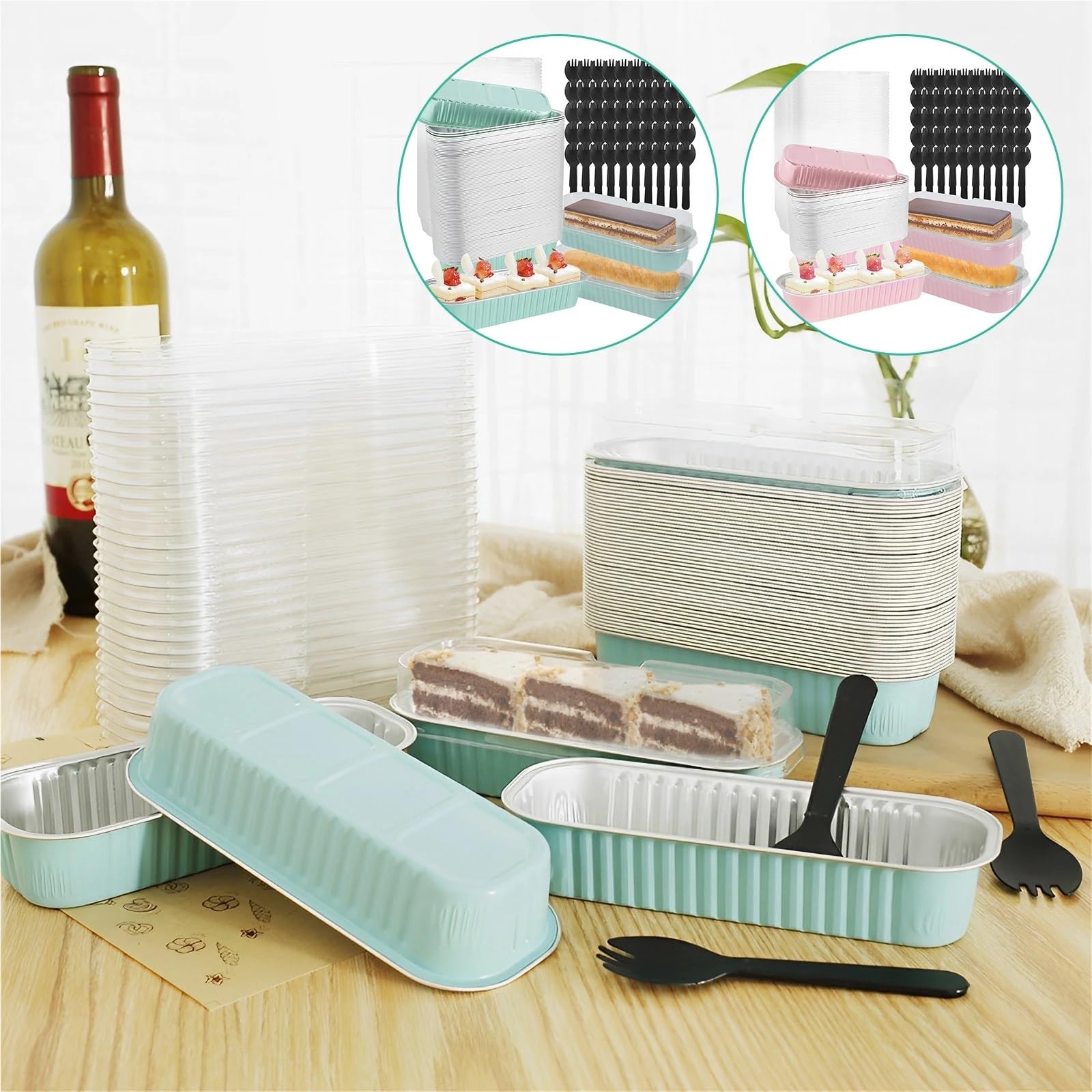 Juego de 50 mini moldes for pasteles con tapas y tenedores, rectangulares aluminio 200 ml for hornear, for pan portátiles Tazas De Papel De Pastel(Pink)