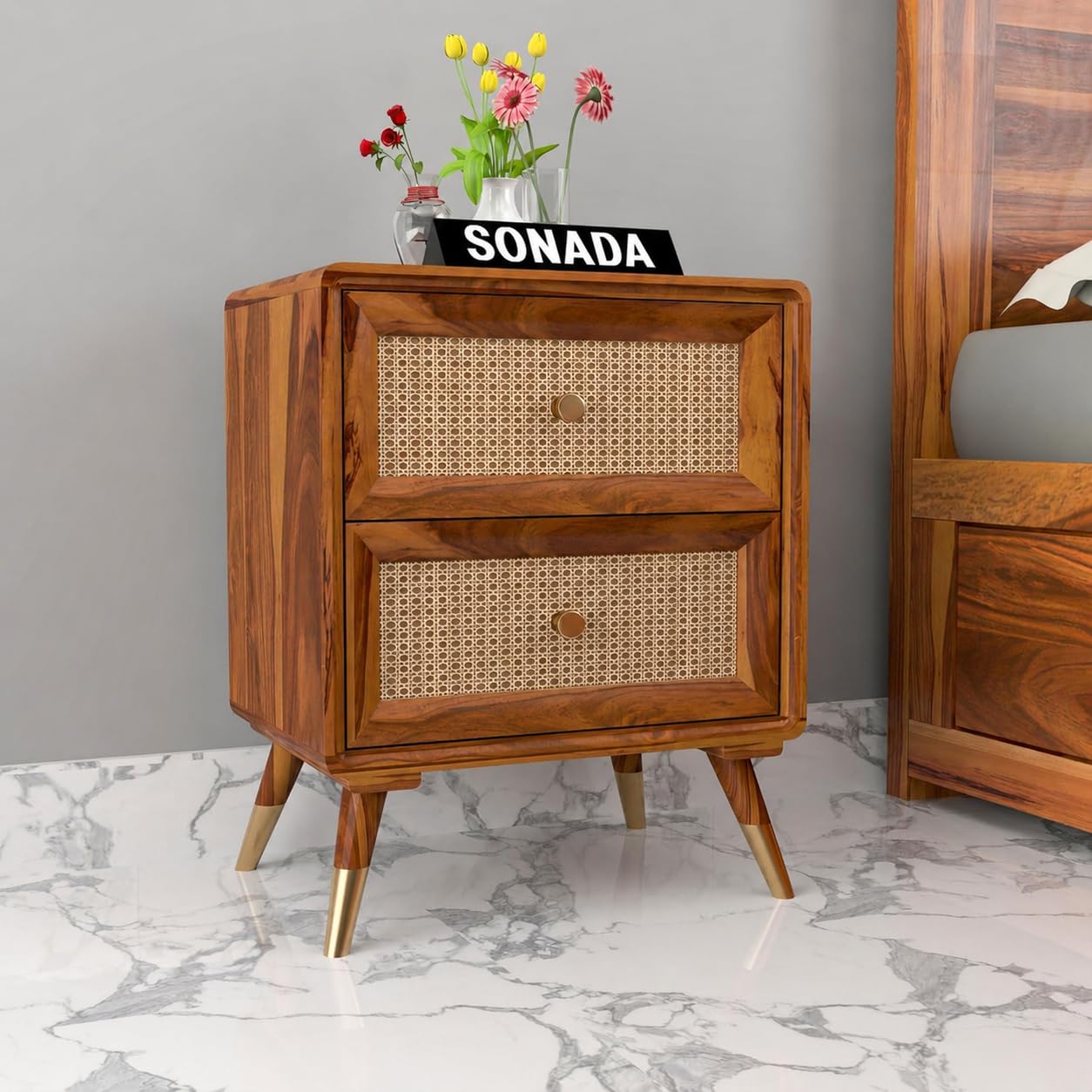 Solid Wood Rattan Cane Two Drawer Bedside Table | Wooden Side Table - Wooden Nightstand Lamp | End Table (Honey Finish, 2)-image-48