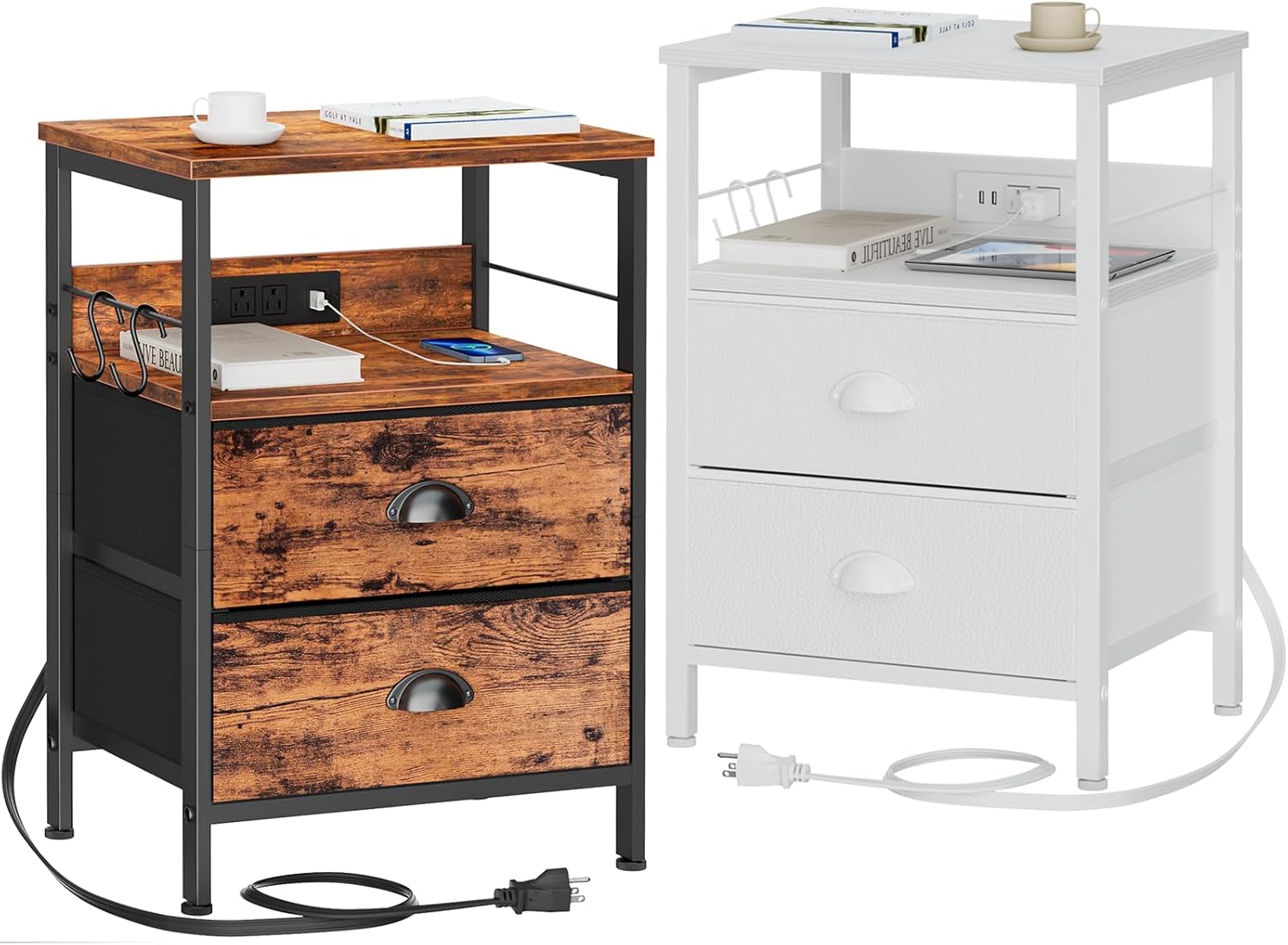 Furologee End Table with Charging Station, Nightstand with Fabric Drawers, Side