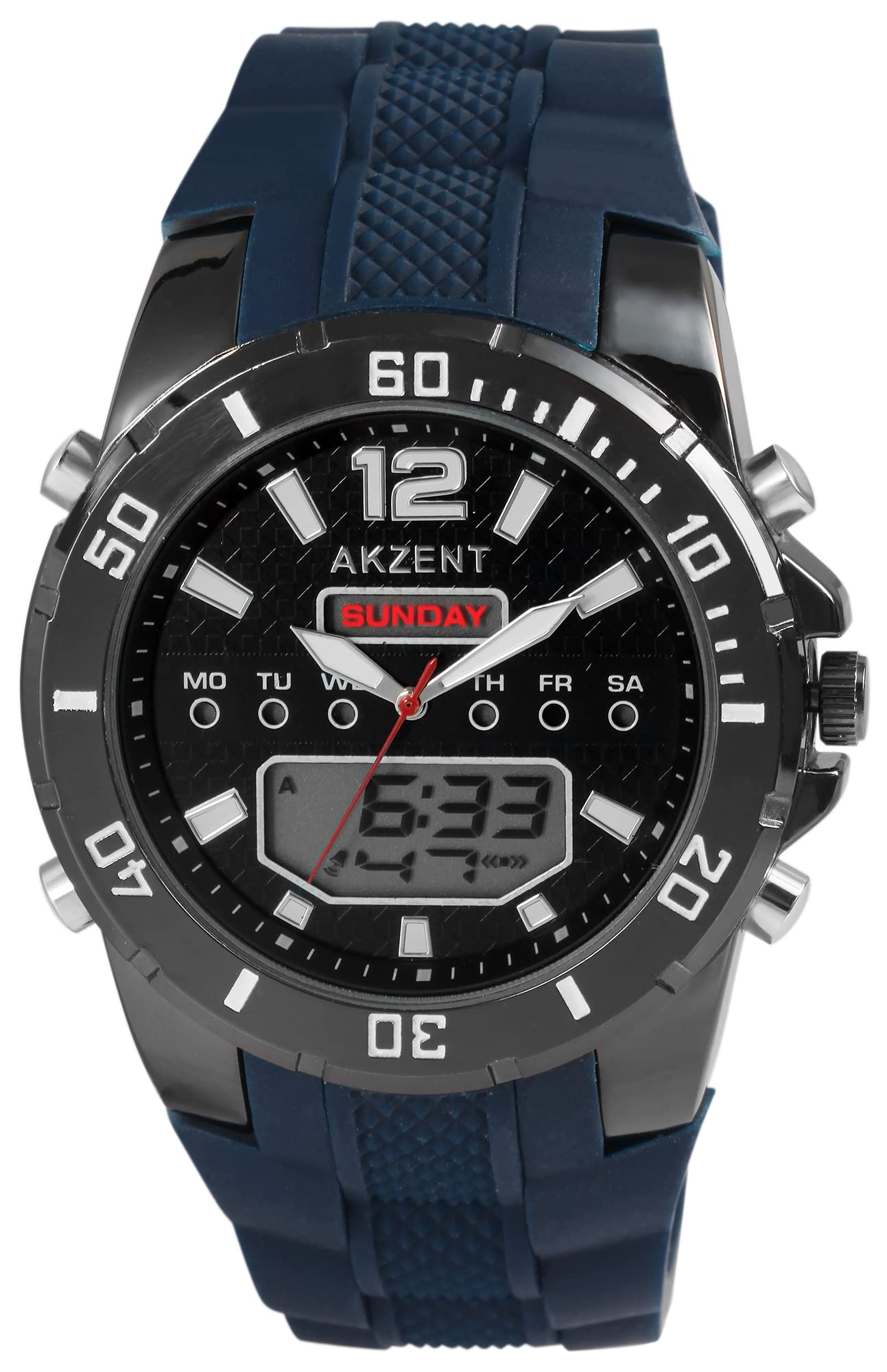 Akzent Orologio da uomo in silicone, lancette luminose, analogico, digitale, 2420025, Blu