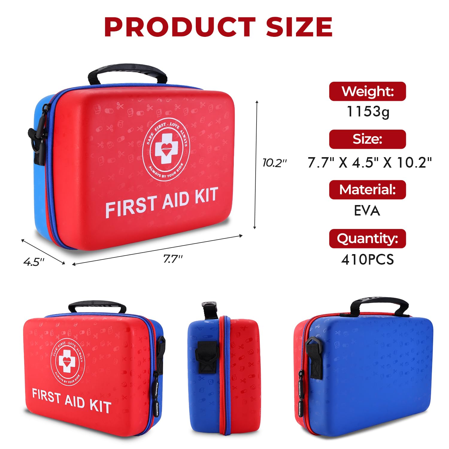Large First Aid Kit - 410 Piece Dual-Color Emergency Kit with Hard Shell & Fluorescent Interior Coating, Professional Survival Kit for Home, Car, Travel, Hiking & Outdoor(Red/Blue)