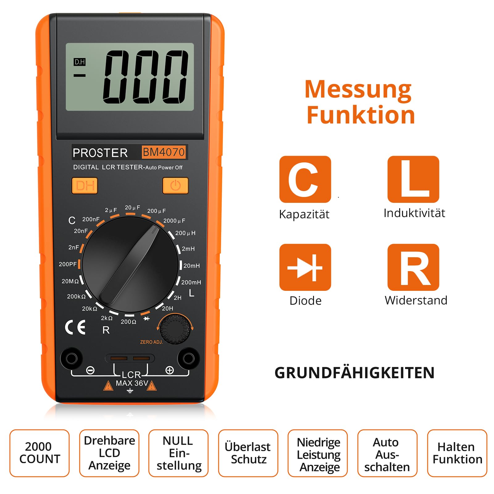 Proster LCR-Messgerät LCR-Multimeter Tester Kapazität, Widerstand, Induktivität Messgerät mit LCD-Display und Überbereichsanzeige - Präzise, Tragbar, für Elektronik, Labor und Heimwerker (Rot)
