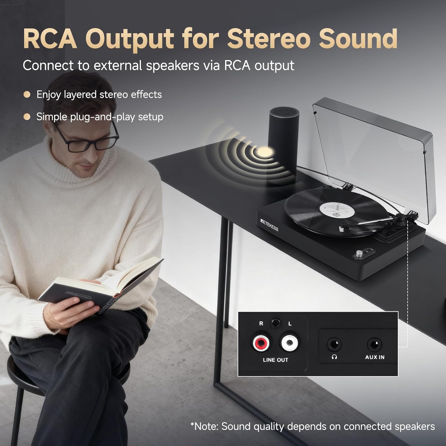 Retekess TR643 Vinyl Record Player, Wireless Turntable Player, 3-Speed Turntable for 33/45/78 RPM Records, Belt Drive, Auto Stop, RCA & AUX Output, Headphone Jack
