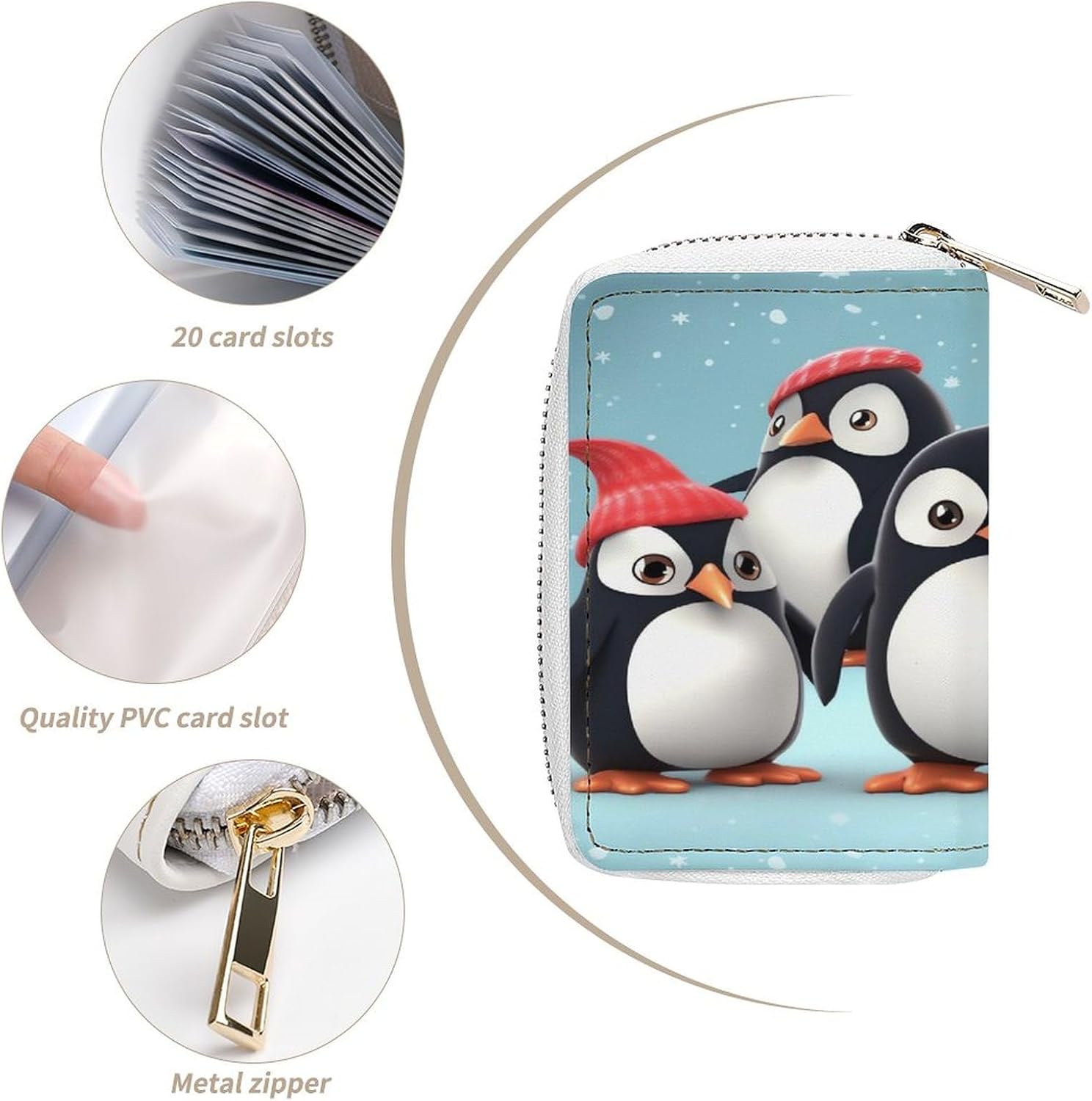Leather Card Organizer Case Card Wallet Credit Card Holder Cute Penguins Printed Zipper Card Cases Holder for Women Men