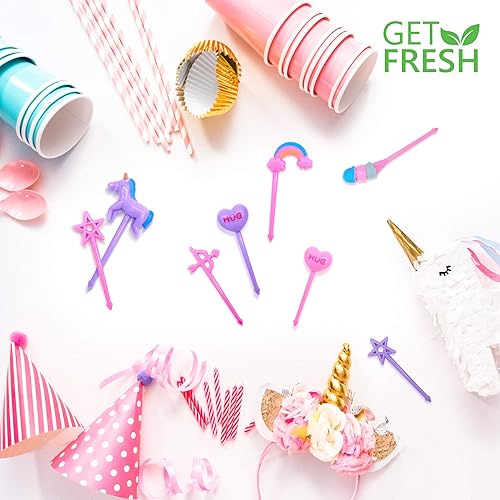 Miniatura 4 de GET FRESH Juego de 24 palillos de comida Bento de unicornio para niños, lindos palillos de dientes decorativos de plástico para niños pequeños,