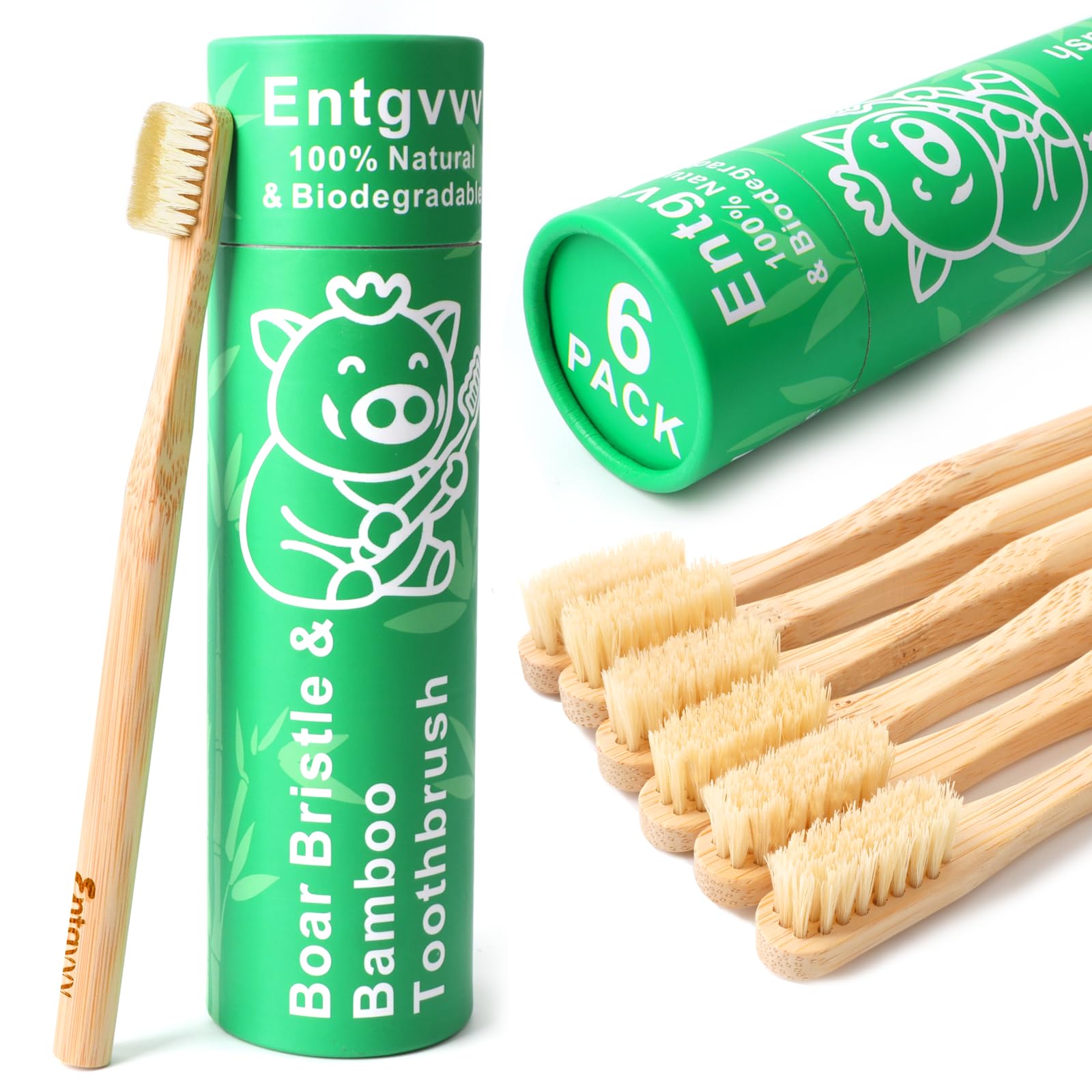 Photo 1 of Entgvvv Boar Bristle Toothbrush, Plastic Free Bamboo Toothbrushes, Natural Wooden Toothbrush, Non Toxic & Non Plastic, Wood Tooth Brush, 6 Pack Manual Organic Toothbrush for Adult, Women, Men