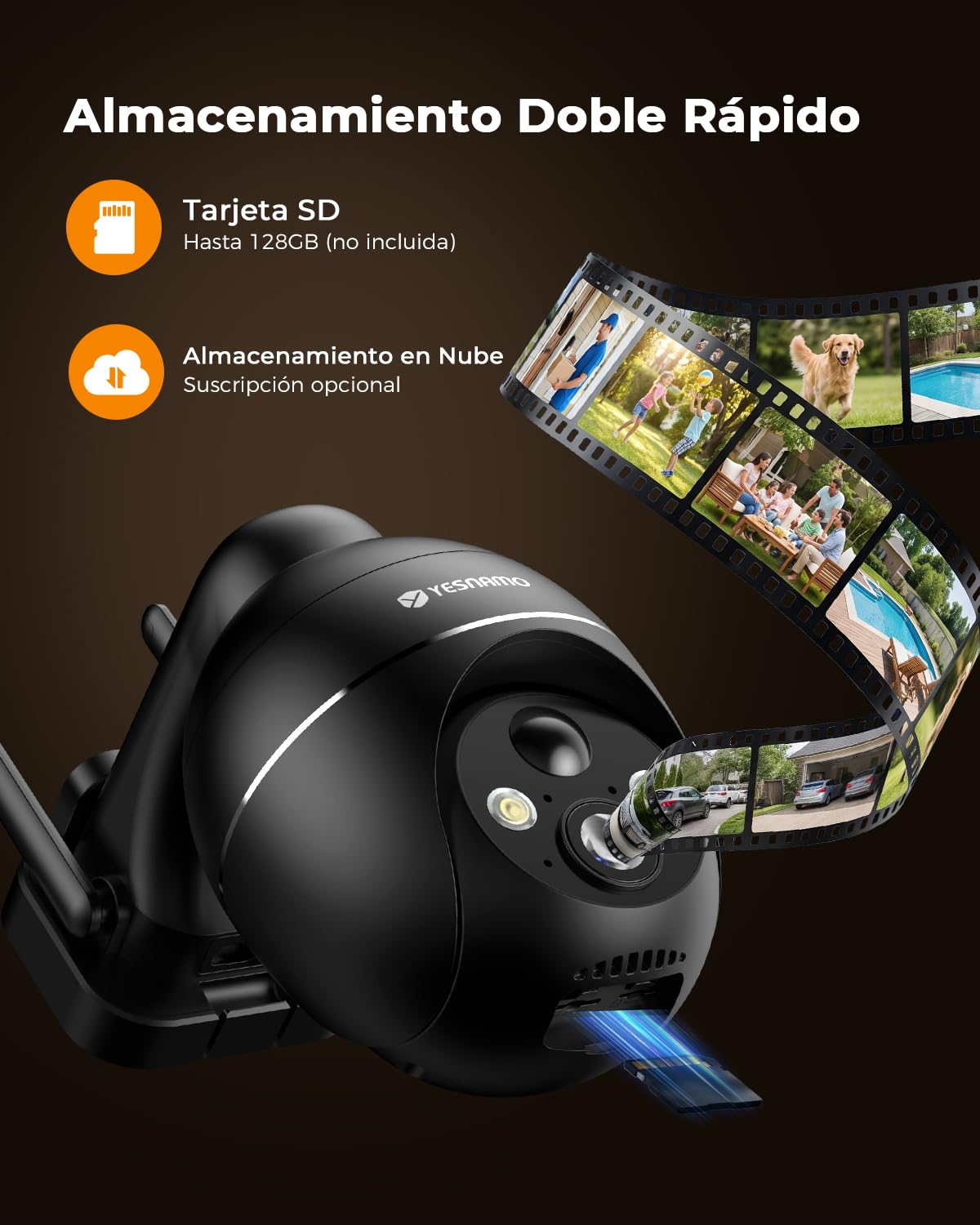 Camara Vigilancia WiFi Exterior Solar 2K sin Cables, YESNAMO Camara Solar con Batería Recargable, 360° PTZ Visión Nocturna Color, Sensor Movimiento PIR, IP66, Sin Suscripción (Negro)