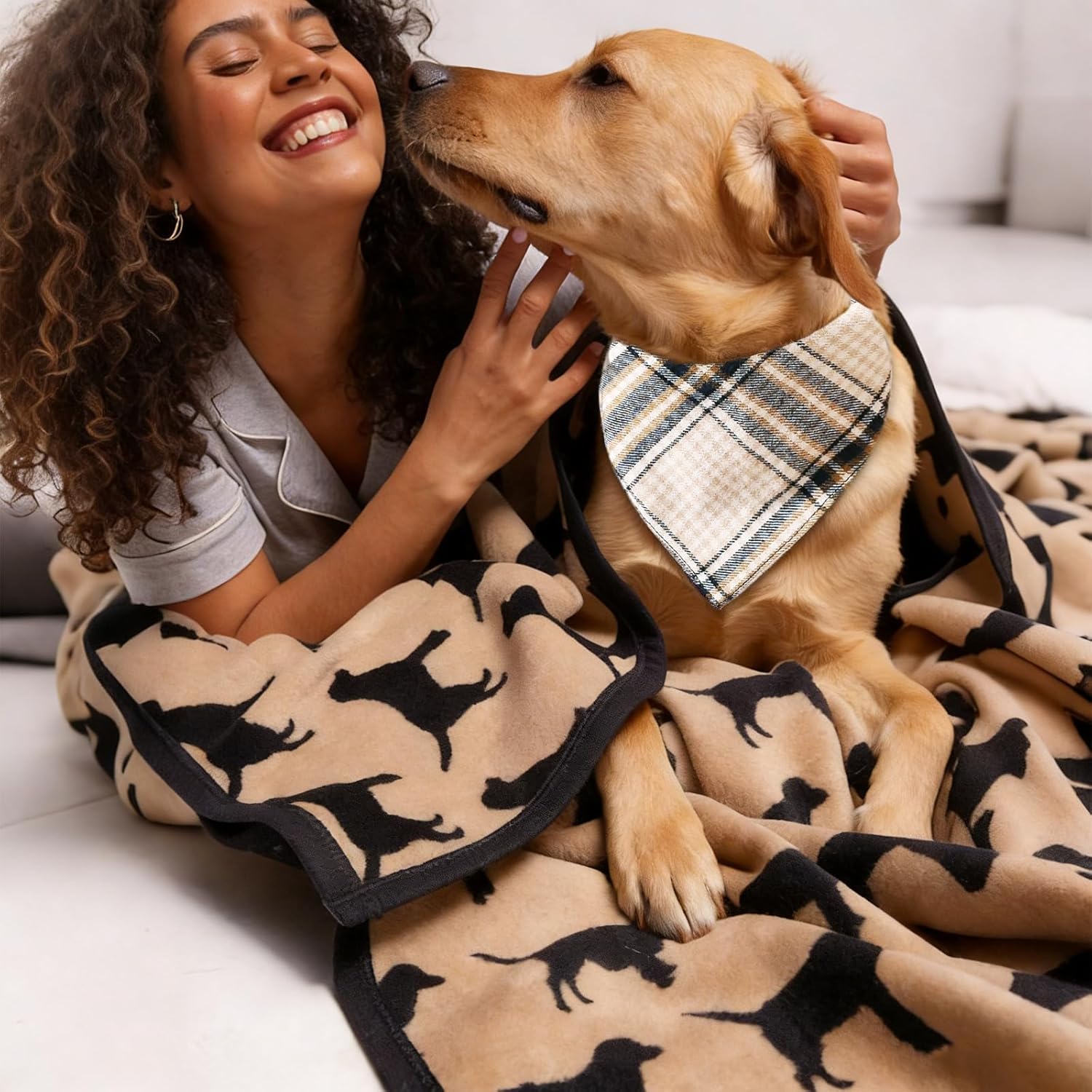 Beige & Navy Plaid Cotton Dog Bandana - Valentine Adjustable Triangular Scarf for Boys and Girls Pets, Soft & Stylish,Medium