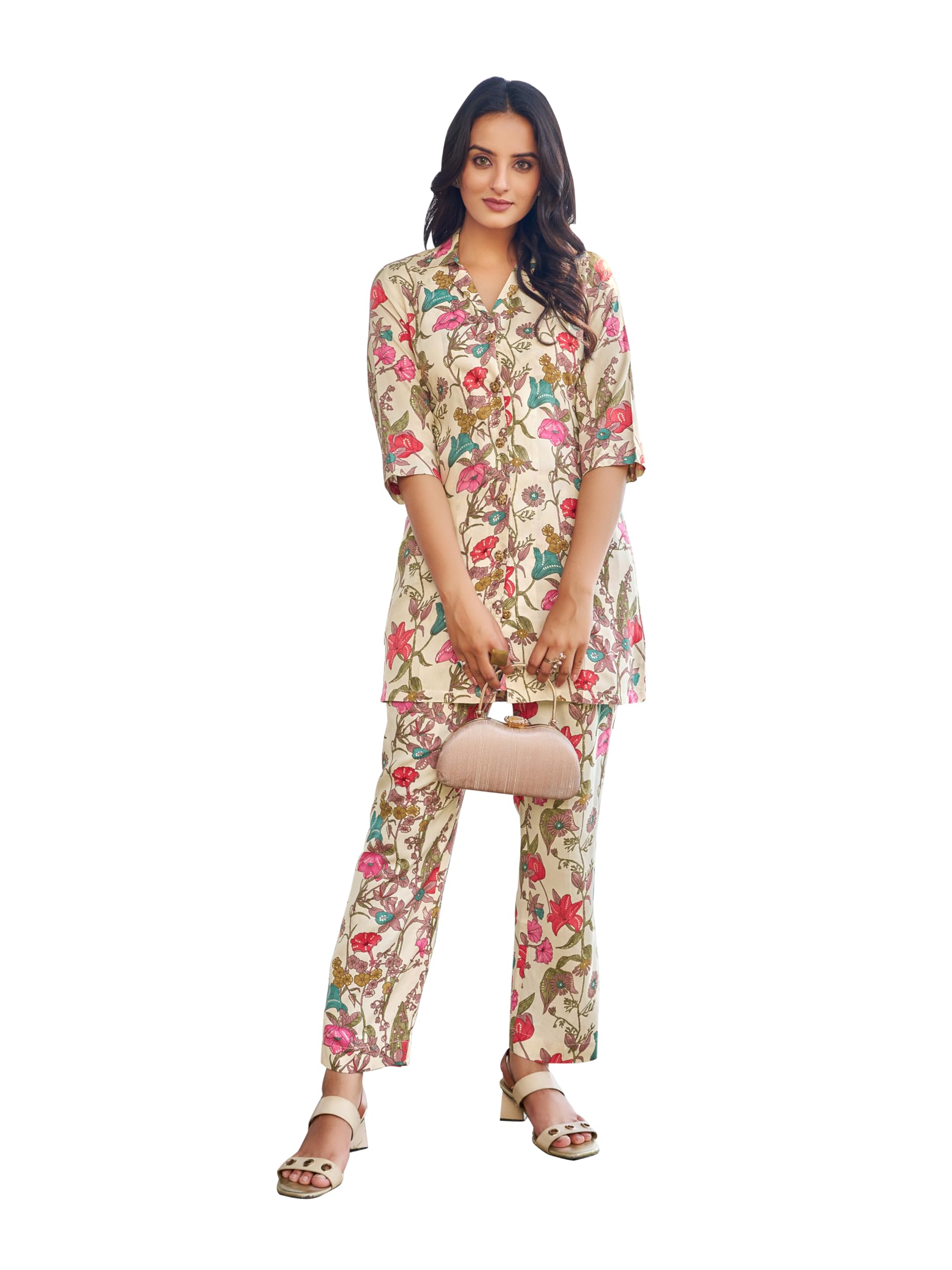 Women's Printed Viscose Rayon Beige Shirt Trousers Co-Ords(VC_5006CO)-image-48