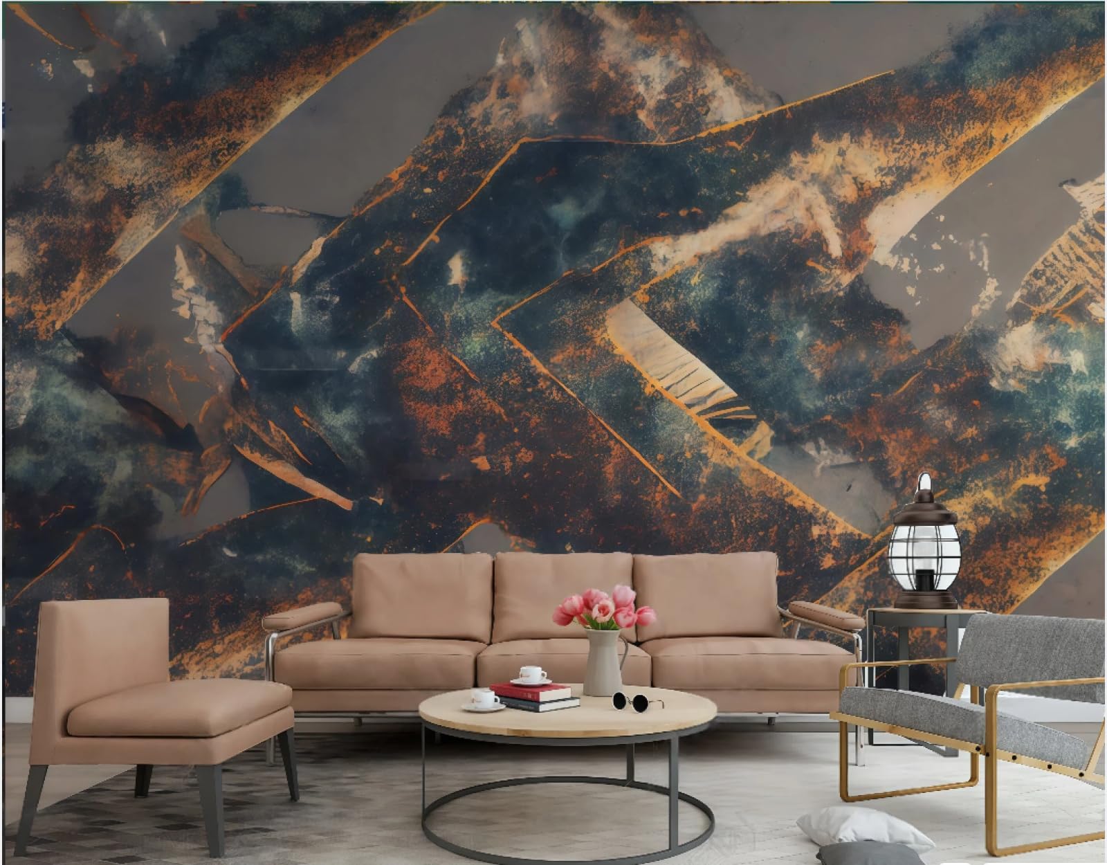 Tapeta sztuka nowoczesna abstrakcyjny pomarańczowy graffiti kolor atrament malarstwo geometryczne telewizor sofa tło tapeta ścienna salon restauracja kawiarnia, 3D, 430 x 300 cm