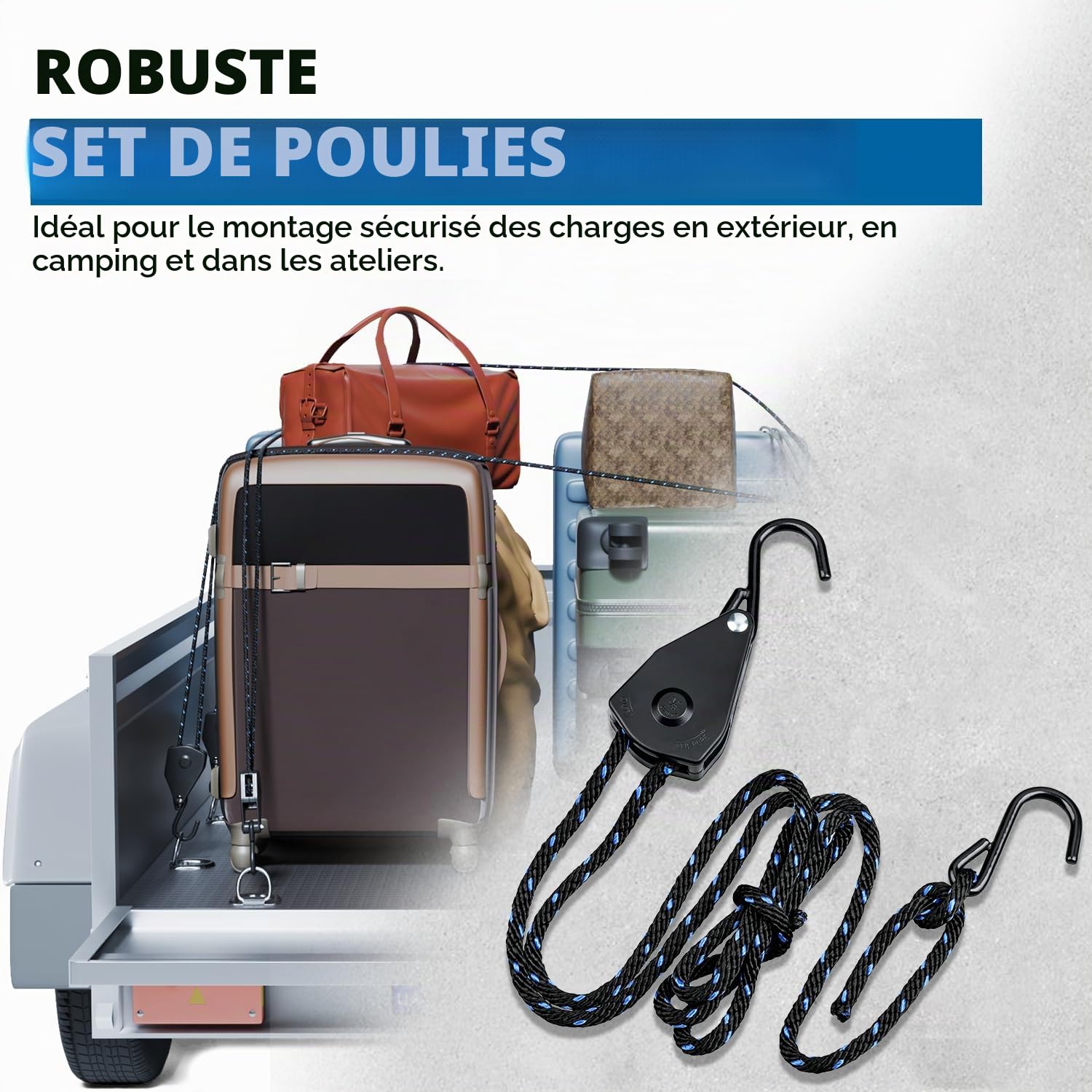 Lot de 2 poulies de 3/8" - Tendeur de câble robuste - Avec 2 cordes de 2,3 m - Charge maximale : 113 kg - Parfait pour l'extérieur, le camping, les bâches, les auvents et l'atelier