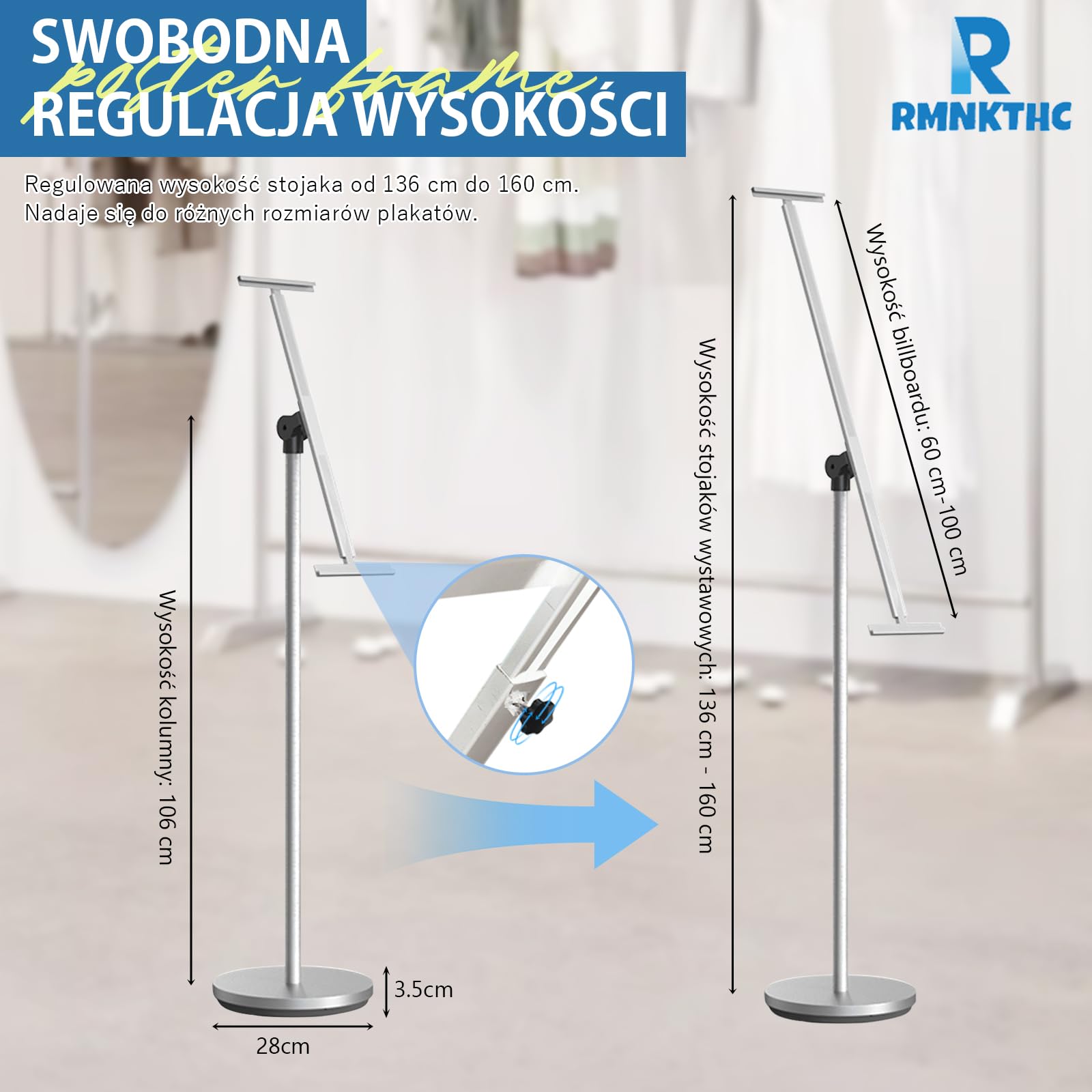 Stojak na plakat, stojak wystawowy, regulacja wysokości 60-100 cm, format pionowy/poziomy + podstawa Ø 28 cm, uchwyt na plakat do sklepów/targów (srebrny)