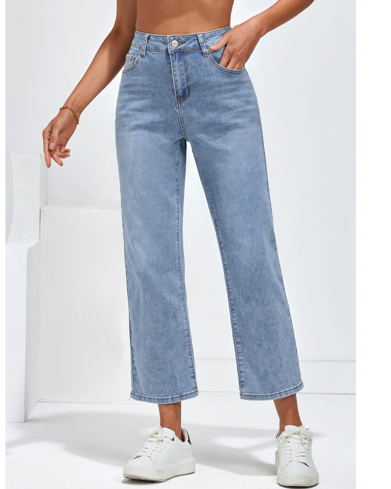 Vetinee Jean pour femme, taille haute, jambes larges, extensible, baggy, coupe droite