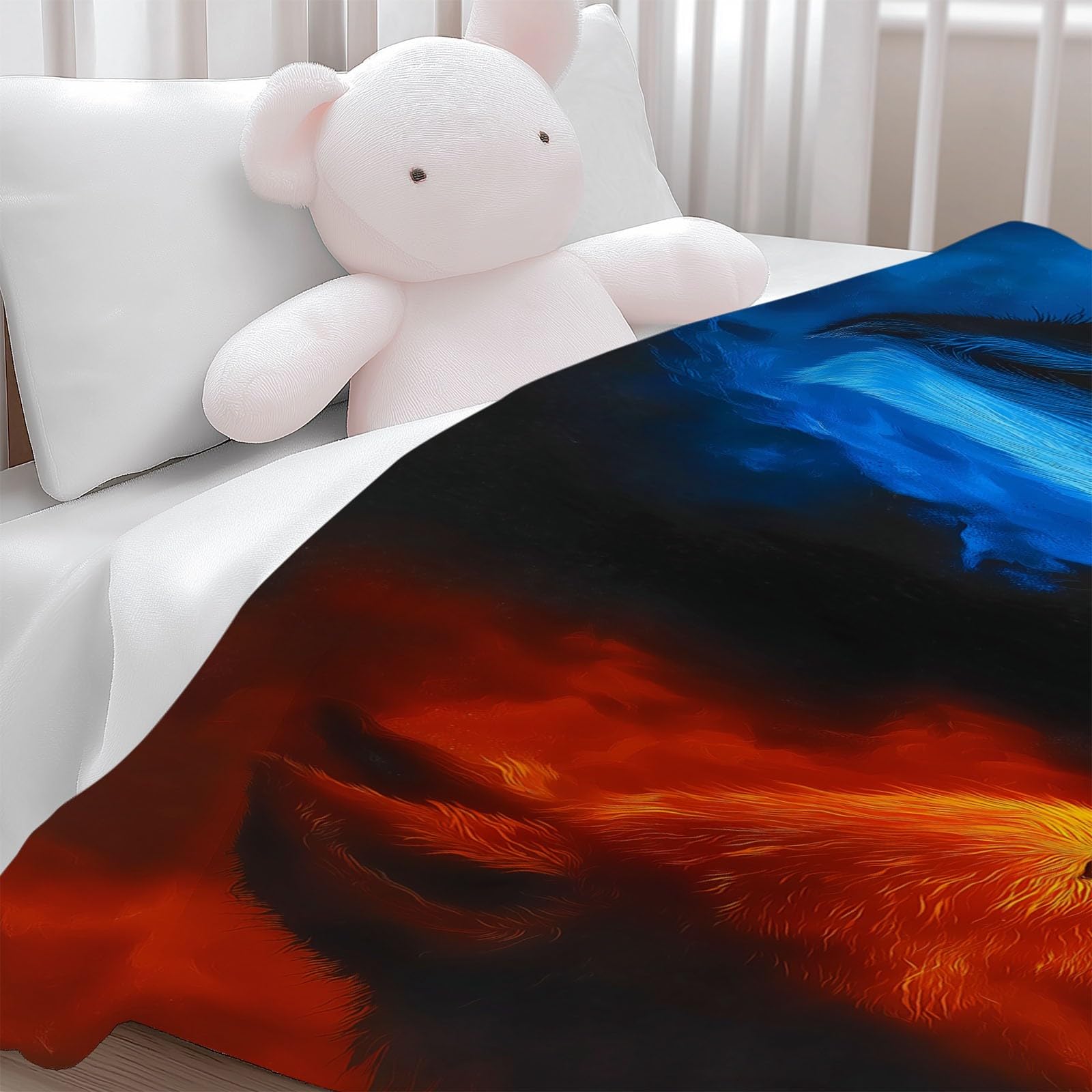 Générique Koc dla dorosłych i dzieci 200 x 200 cm, miękki koc flanelowy z nadrukiem fantastyczny lodowy wilk ogień - narzuta na sofę nadaje się do utrzymania ciepła zimą