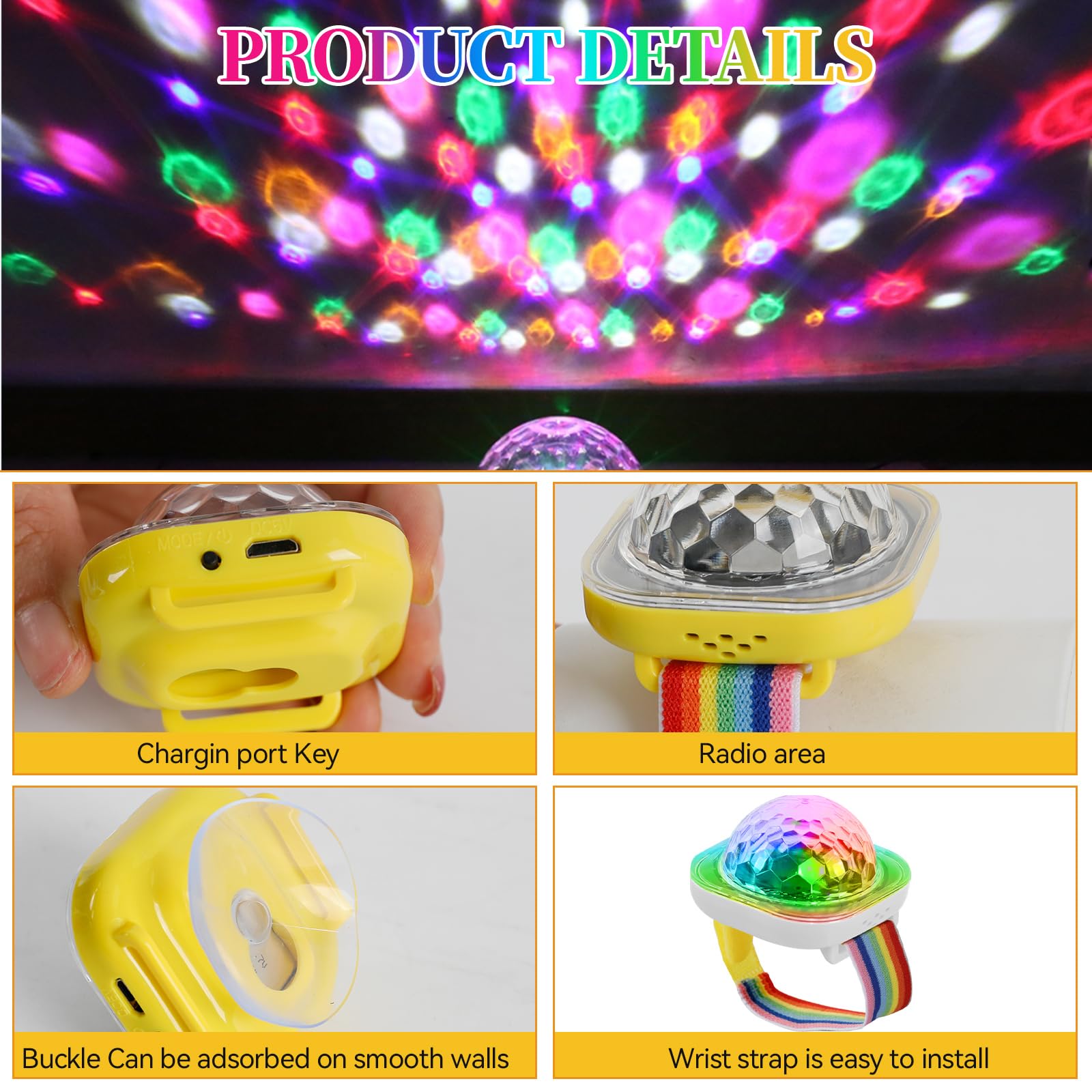 Pulsera con Bola de Discoteca, 8 luces LED de escenario, 5 modos dinámicos, control de voz, lámpara de ambiente estrellada, recargable por USB con ventosa para fiestas, decoración de coche, DJ