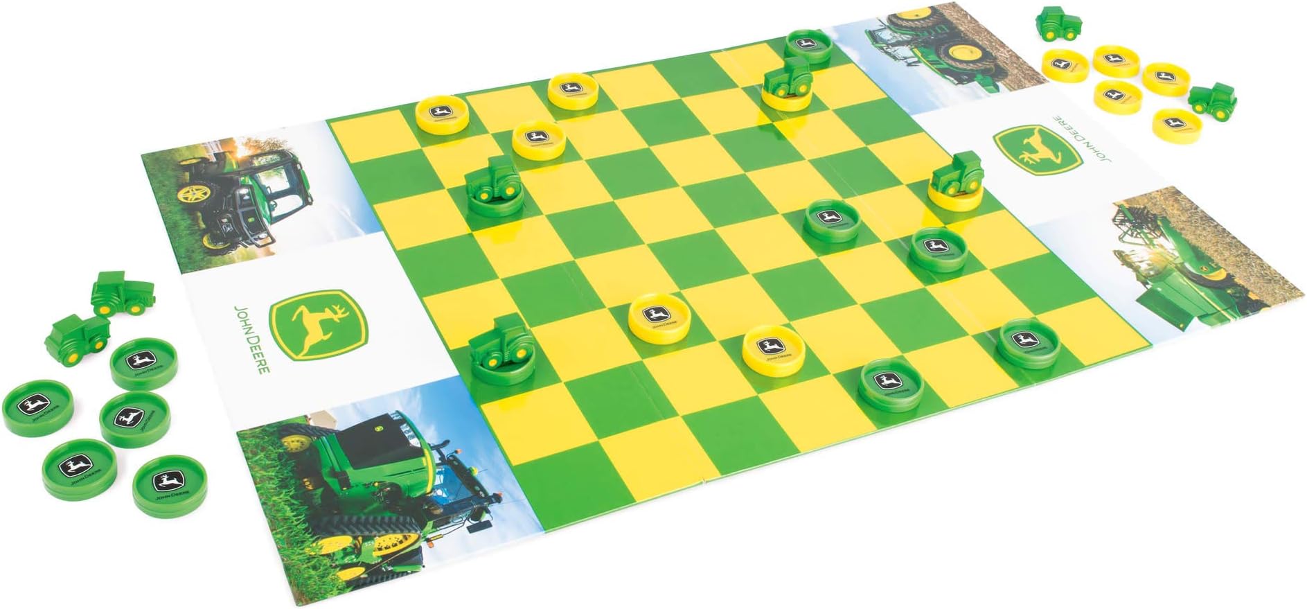 TOMY John Deere Checkers Board Game - Includes Themed Folding Board, Checkers, and Collectible Tractor Kings - Collectible Farm Toys and Strategy Games - Ages 6 Years and Up