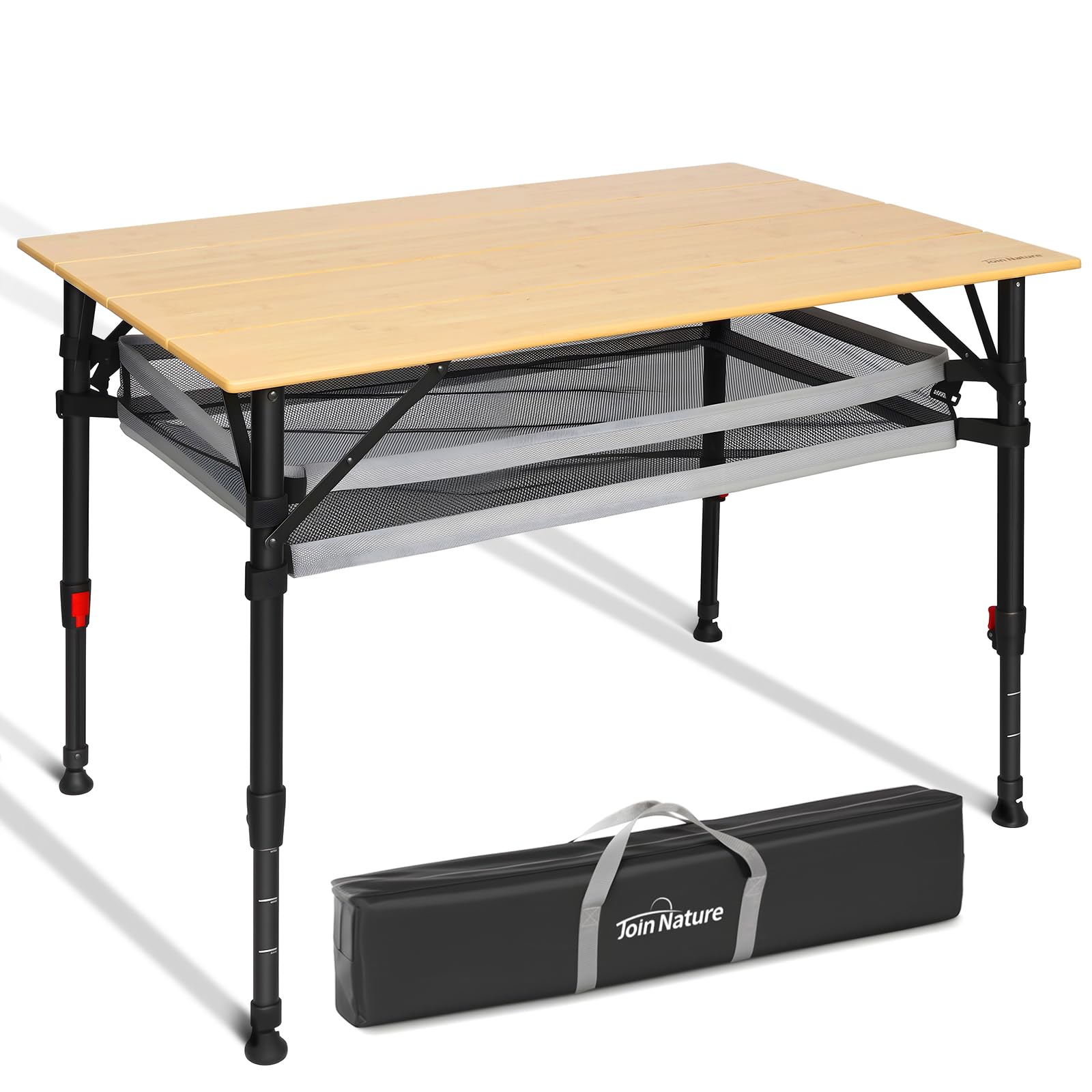 Join Nature Campingtisch Klappbar Bis 100KG, Bambus Faltbar Camping Tisch Höhenverstellbar 47–65cm, Klapptisch mit Tragetasche & Netzablage für Camping, Outdoor
