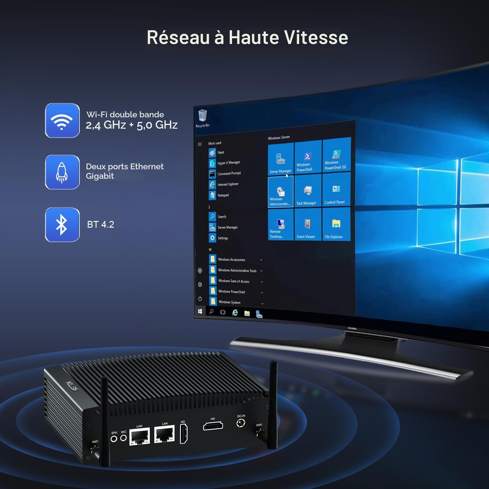 HISTTON Mini PC sans Ventilateur, PC Industriel Core i5-8265U, DDR4 8Go de RAM 256Go SSD Mini Computer, Dual LAN, WiFi, BT4.2, 2 RS232, Dual HD, USB3.0, Mini PC de Bureau Windows 11 Pro