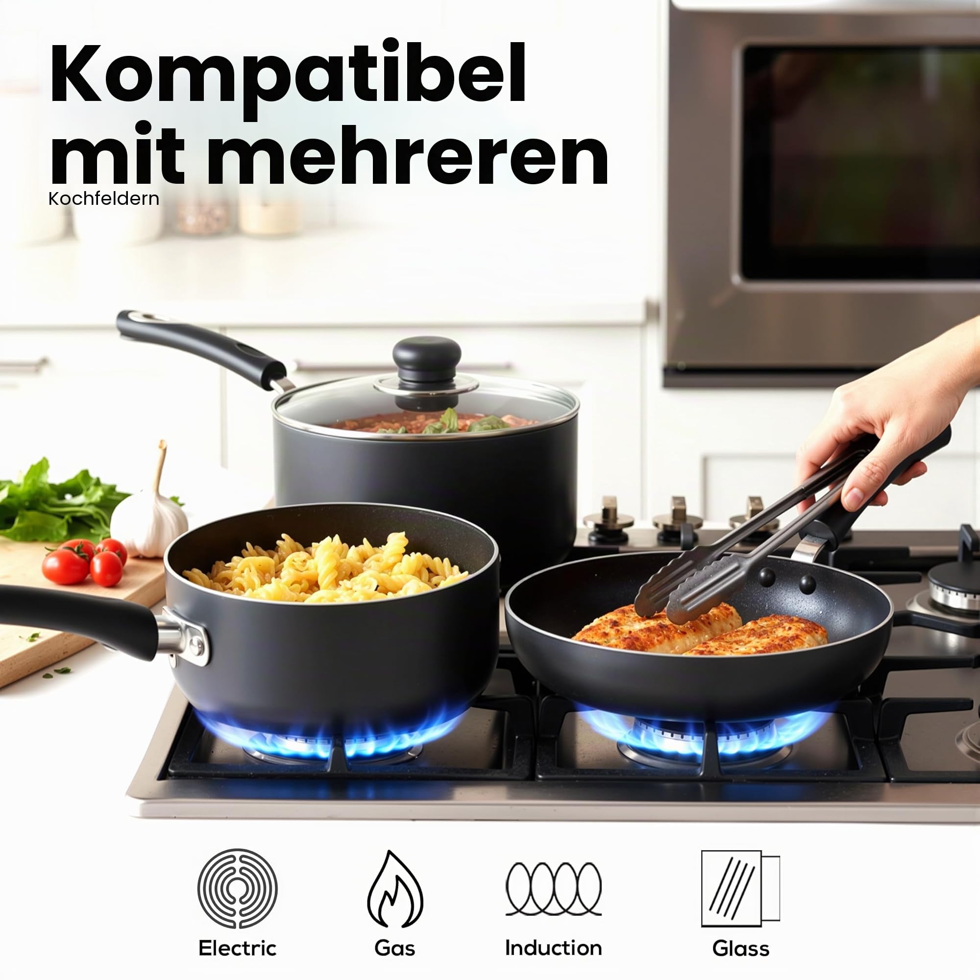 KICHLY 8-teiliges Topf- und Pfannenset, antihaftbeschichtet, Küchen-Kochgeschirr-Set, Induktions-Bratpfannen 20 cm, 28 cm, Stielkasserolle mit Deckeln 20 cm, 18 cm, Stielkasserolle 16 cm, Töpfe und