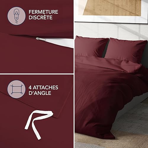Dreamzie Bed Linen 240 x 220 cm, 4-Piece Duvet Cover 240 x 220 cm, Fitted Sheet 140 x 190 cm with 2 Pillowcases 65 x 65 cm, Burgundy Red, for Double Bed, Microfibre Bed Linen, Oeko-Tex - 5