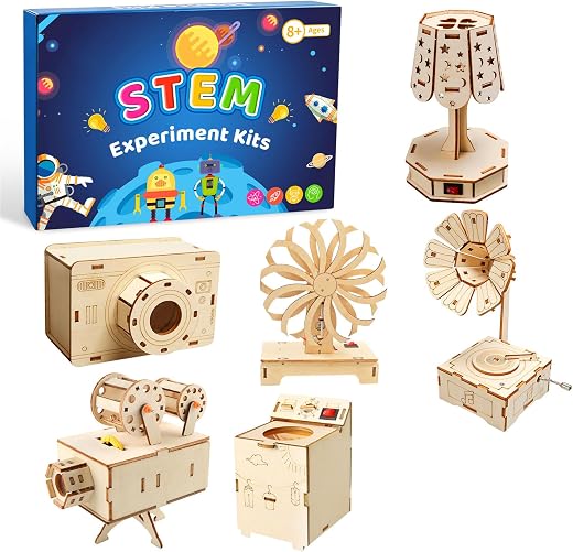 Kit Esperimenti Scientifici Bambini STEM Set 6in1 Costruzioni in Legno DIY