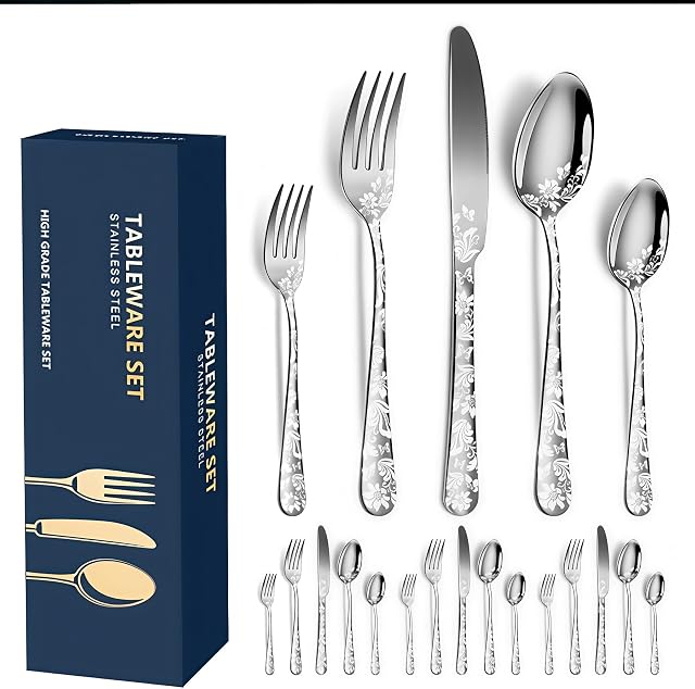Silverware Set for 4, 20 Piece Stainless Steel Flatware, Mirror Polished Cutlery, Includes Dinner Knife, Fork, and Spoon (Silver)