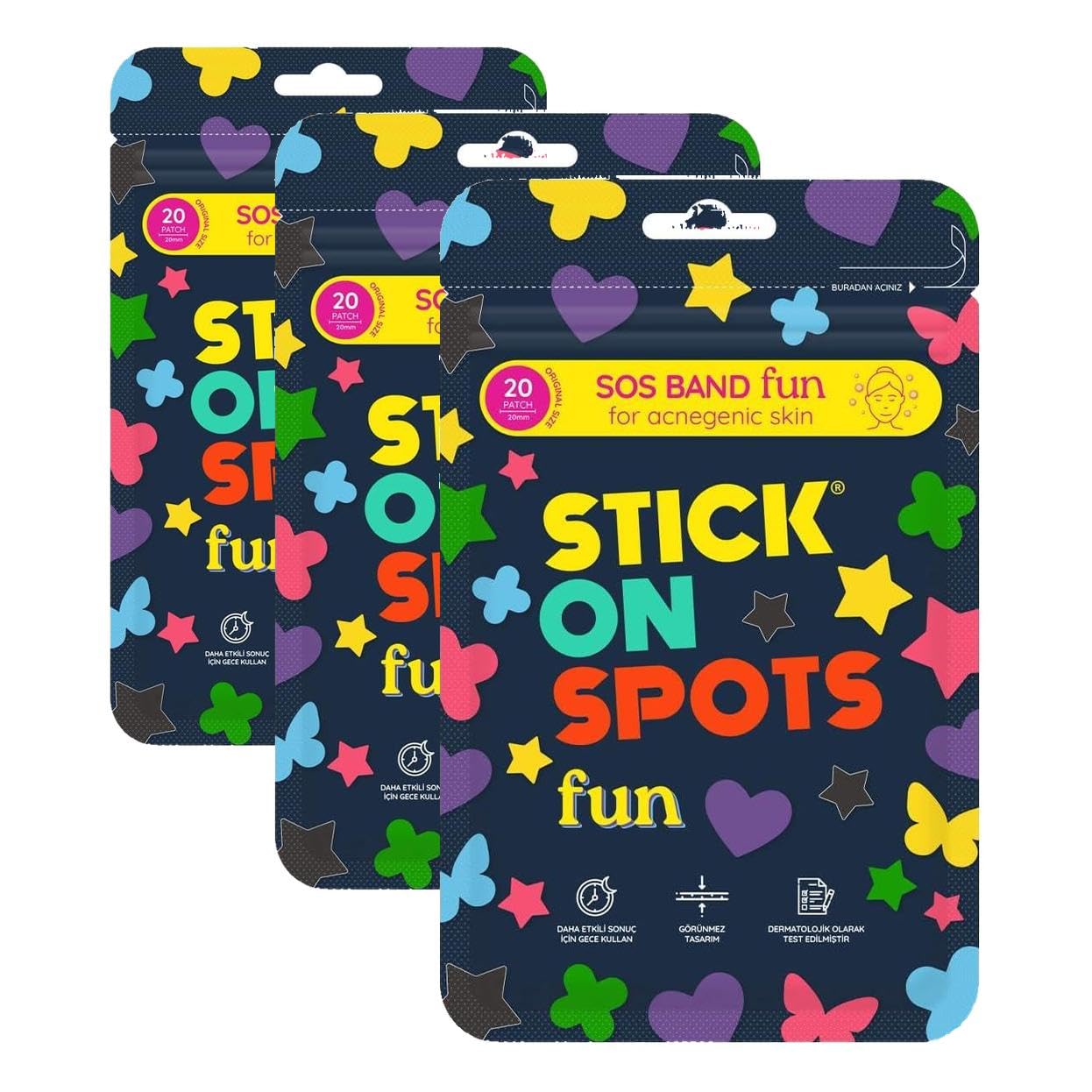 STICK ON SPOTS SOS Band Fun Pimple Patch Hidrokolloid Sivilce ve Akne Bandı 20 Adet (3 paketi)