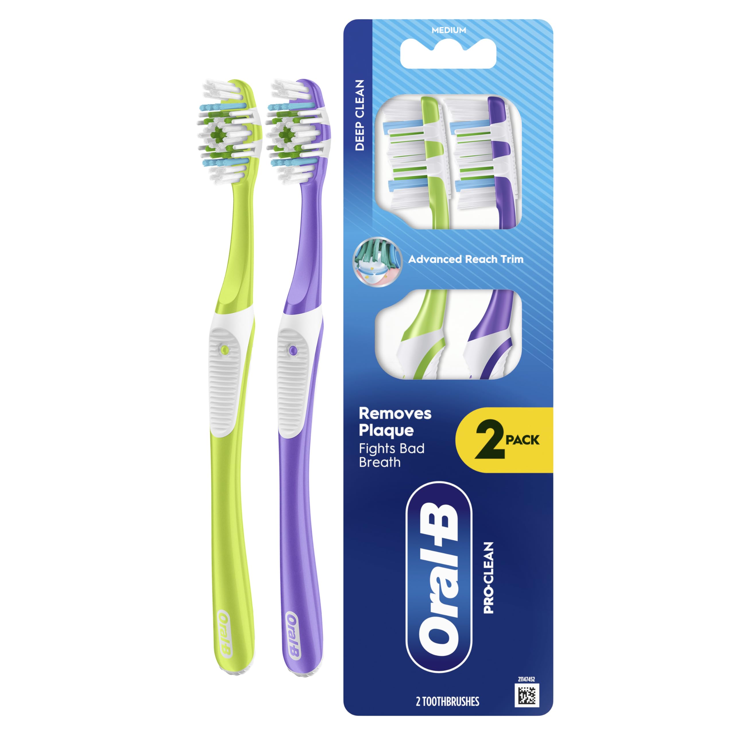ORAL-B PRO-Clean Manual Toothbrush – Removes Plaque & Fights Bad Breath – Medium Bristles, 2X