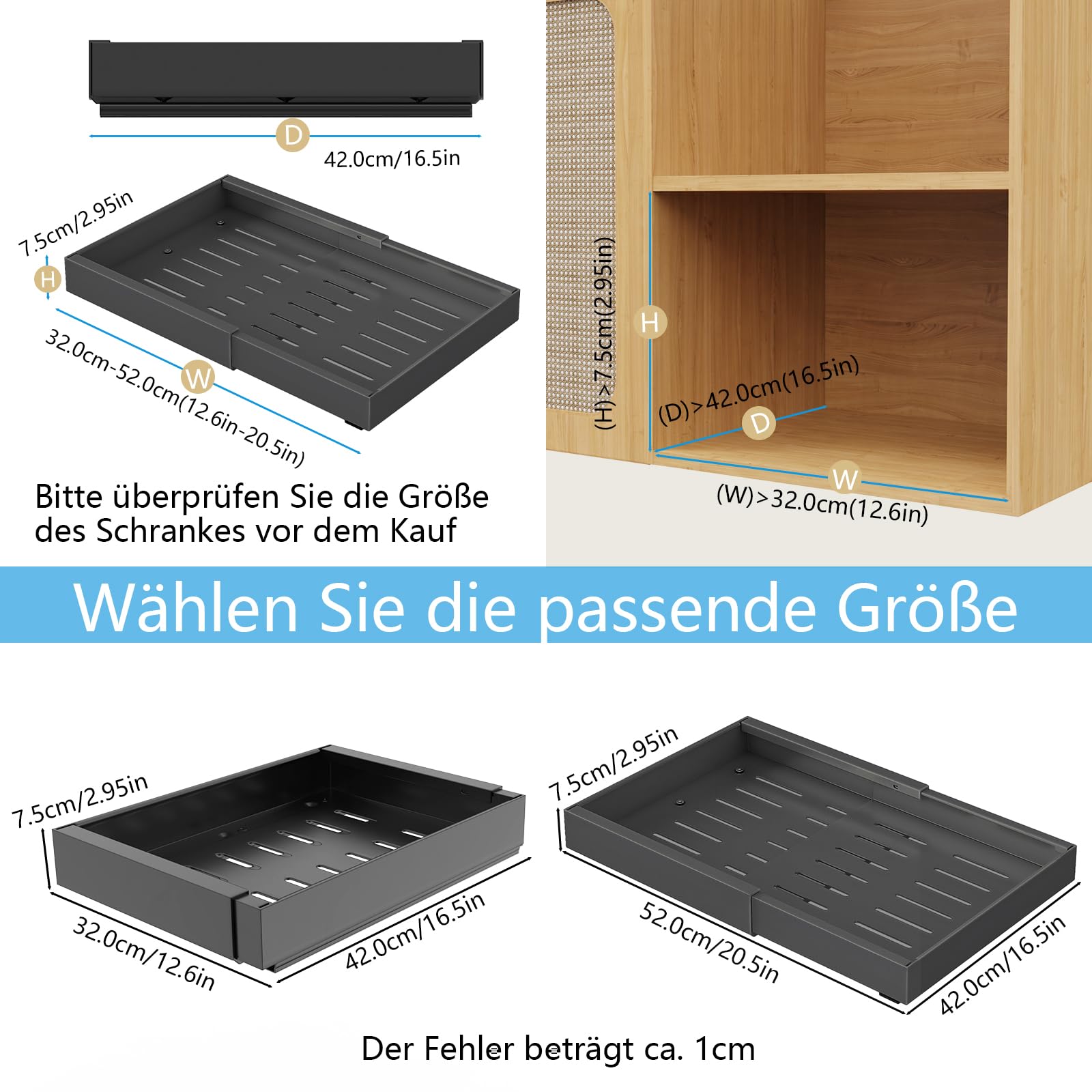 Tiroir Coulissant Cuisine Adhésif, Lot de 2 Tiroir Télescopique Extensible, Plateau Coulissant à Largeur Réglable (32-52 cm L x 42 cm P x 7.5 cm H), Sans Perçage, Noir
