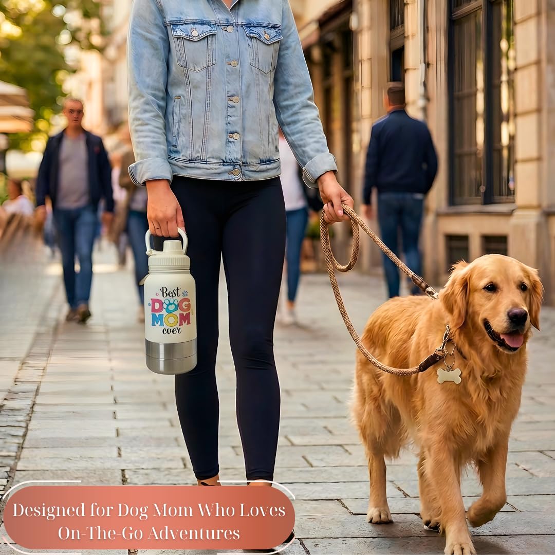 Dog Mom - Borraccia in acciaio inox con ciotole staccabili, per la festa della mamma, per passeggiate ed escursioni