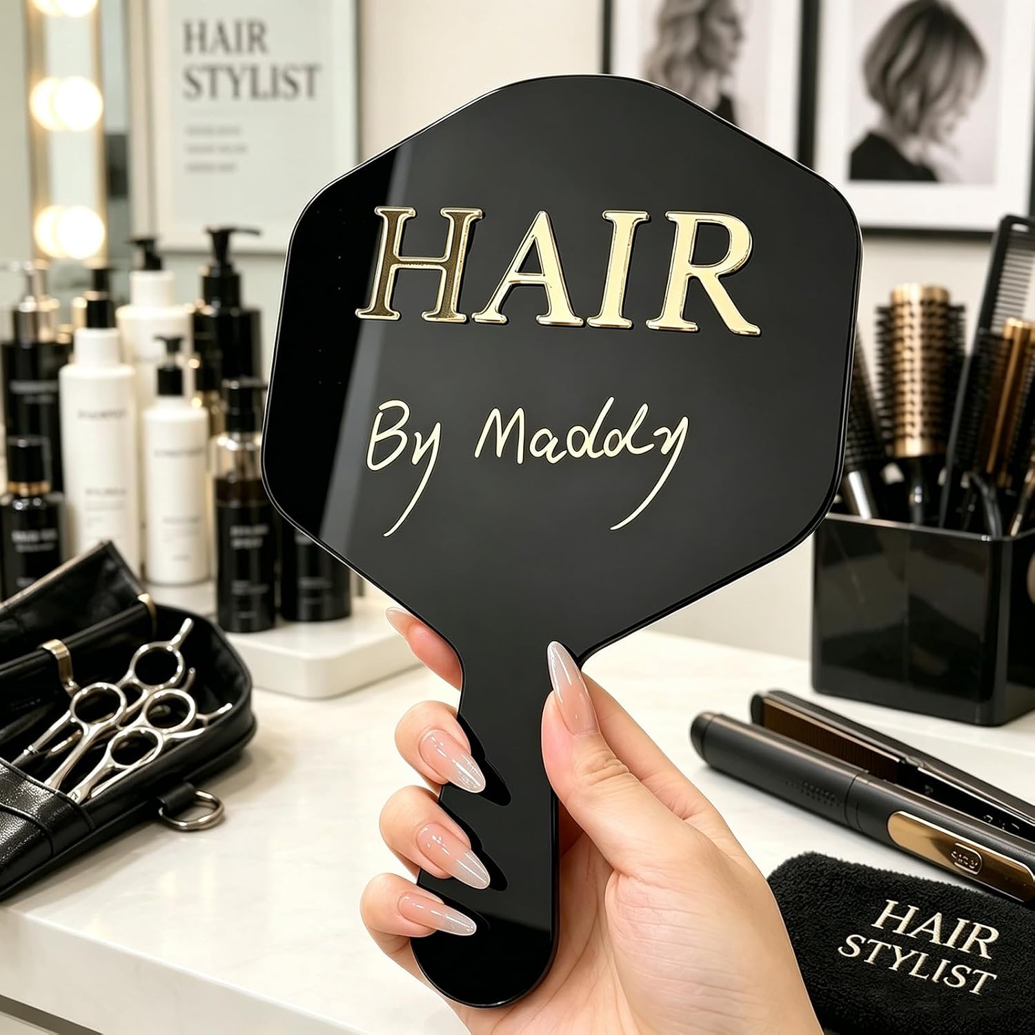 GUANKE DIY Personalized Handheld Beauty Mirror for Hair Artists, Customizable Glass Mirror with Black Acrylic Handle, Includes Gold & Silver Marker Pens, Salon Mirror Gift for Women (Hair)