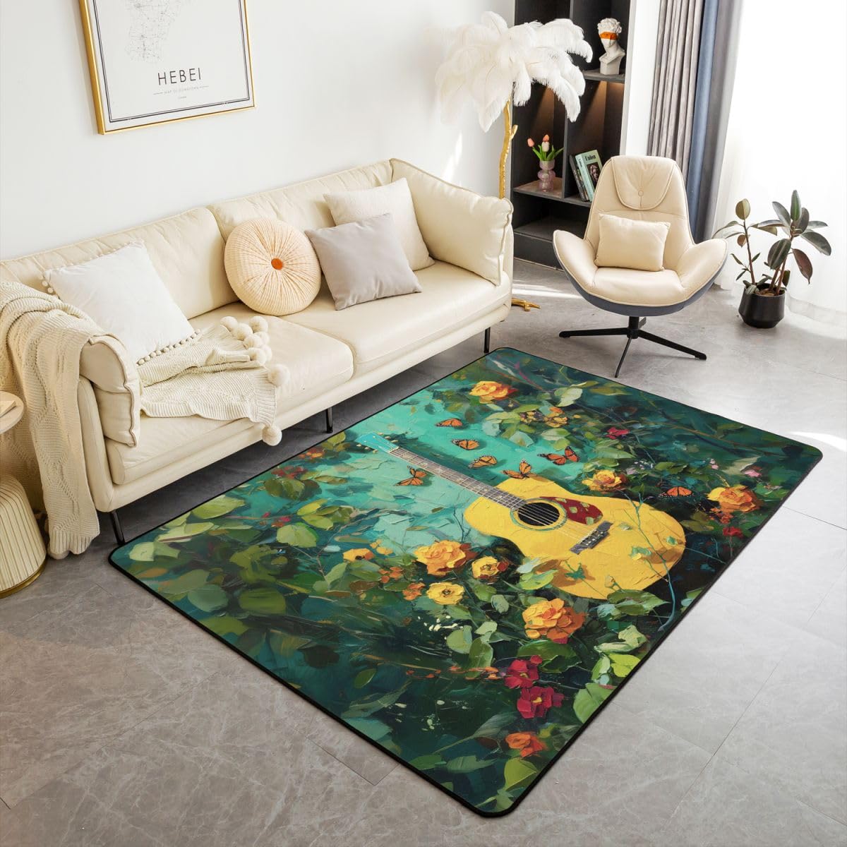 Homewish Tappeto con chitarra musicale, 100 x 150 cm, per camera da letto | Tappeto con motivo floreale e chitarra, per soggiorno, tema musica rock, non perde pelo, verde, stile vintage