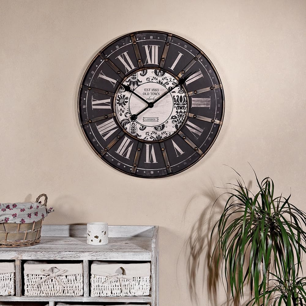 Mucola Wanduhr XXL lautlos Vintage römische Ziffern 60 cm Metall Schwarz