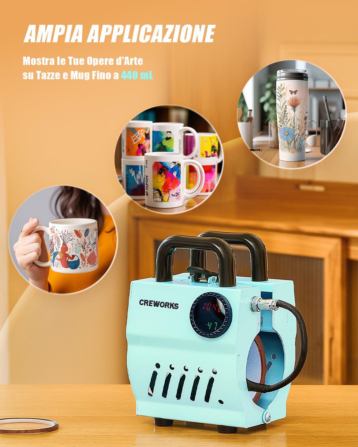 CREWORKS Pressa a Caldo per Tazze 265-440 ml Mini Pressa Tazze per Sublimazione Termopressa per Tazze Portatile con LCD Controllo della Manopola Tempo e Temperatura Regolabile per Bicchieri Tazze