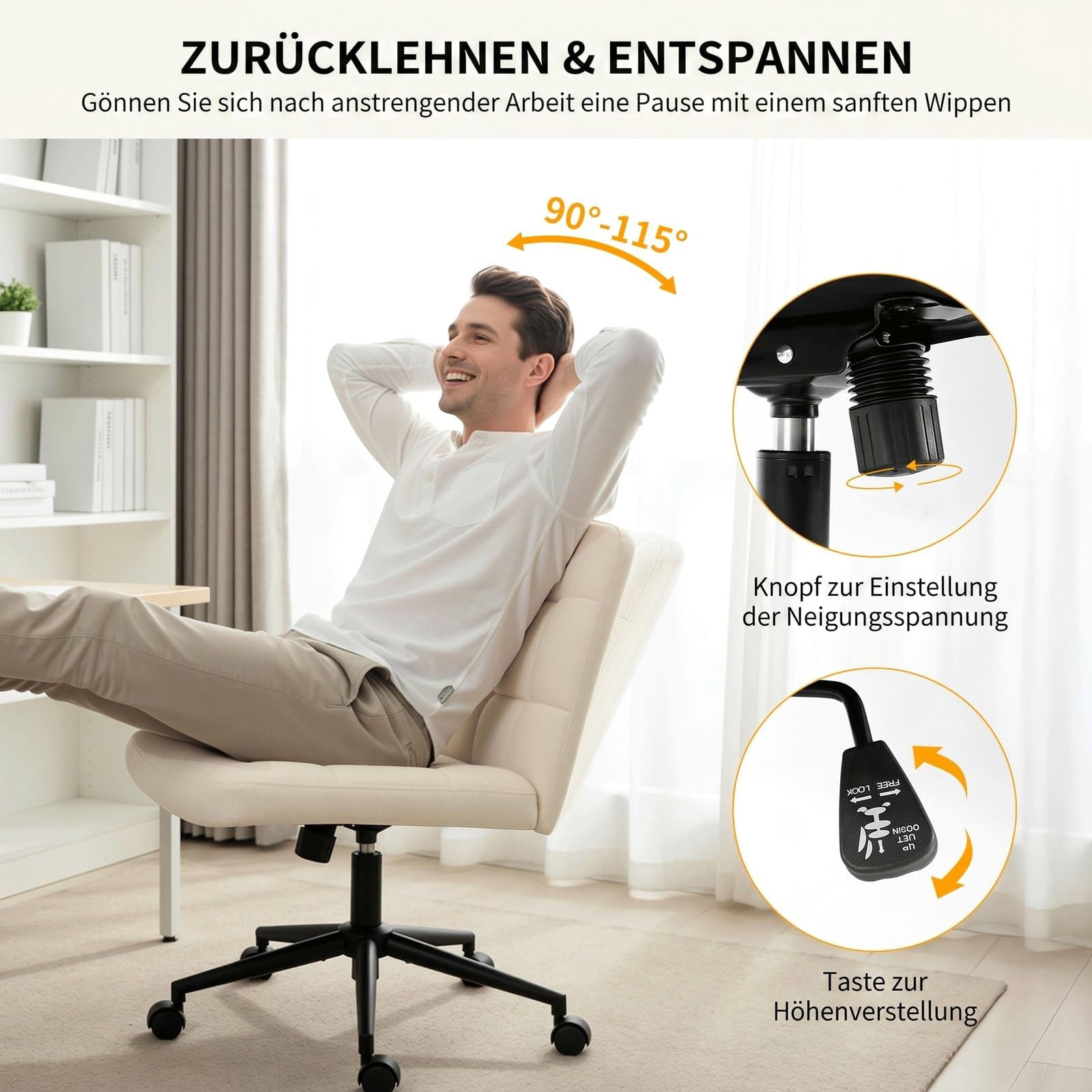 Clevich Bürostuhl Ohne Armlehne, breiter Schneidersitz Schreibtischstuhl, ergonomischer höhenverstellbar, moderner Drehstuhl mit Wippfunktion für Home Office und Schlafzimme (Leinen, Beige)