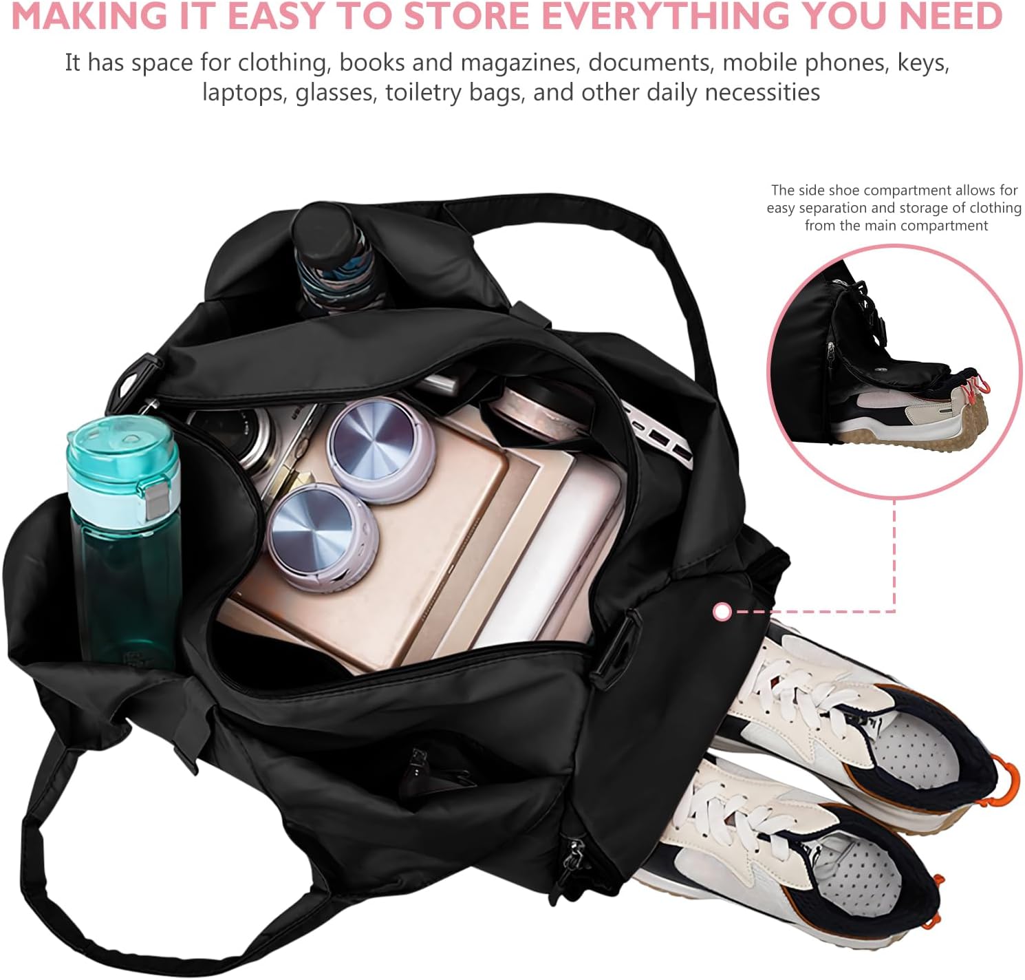 Waterproof Gym Bag for Women Men,Oxford Cloth Duffle Bag for Travel,Sports Workout Bags with Shoe Compartment (black)