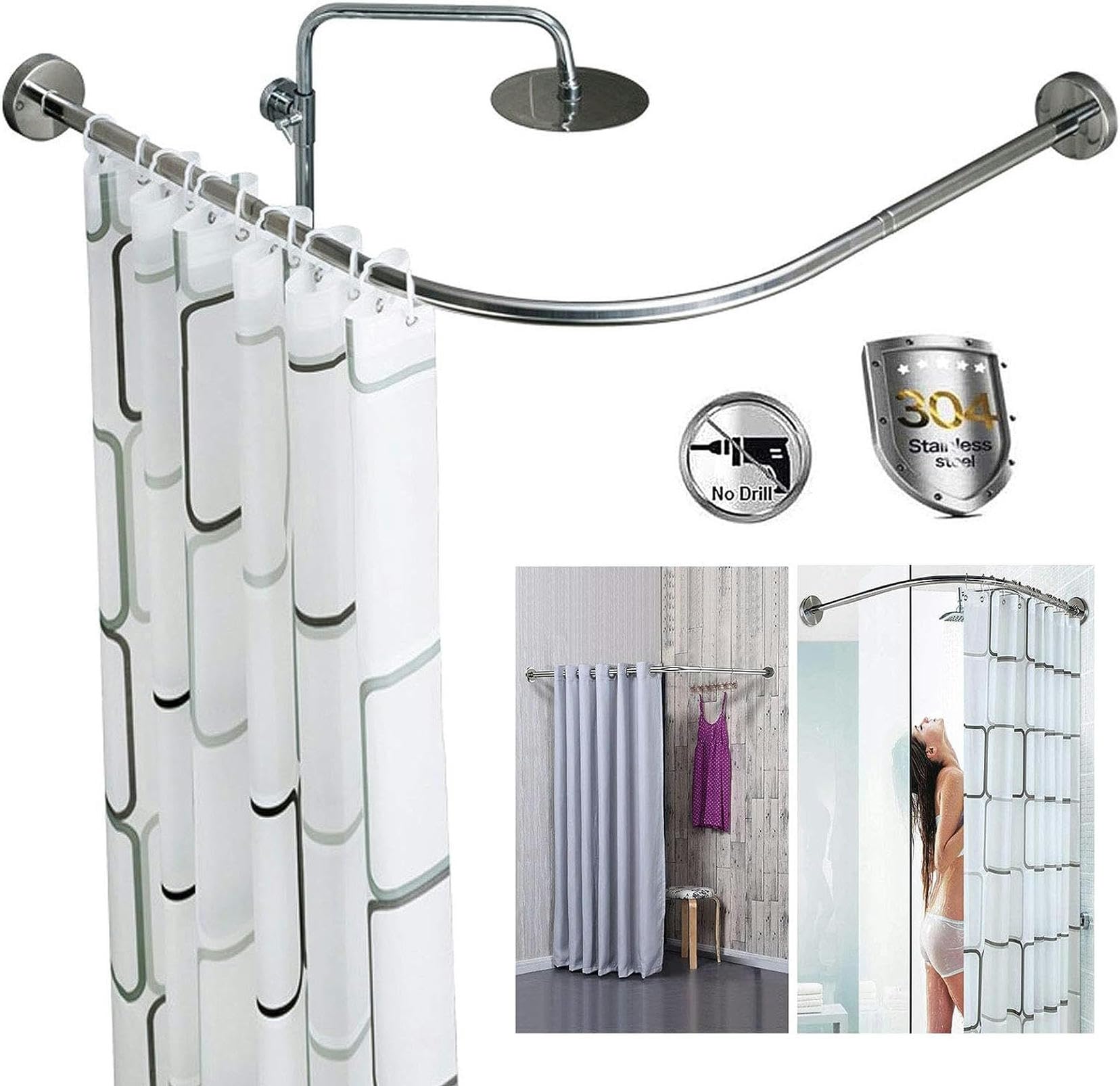 Barra de cortina de ducha de esquina, extensible, sin taladrar, barra de ducha curvada en forma de L, montaje en pared, acabado de níquel cepillado